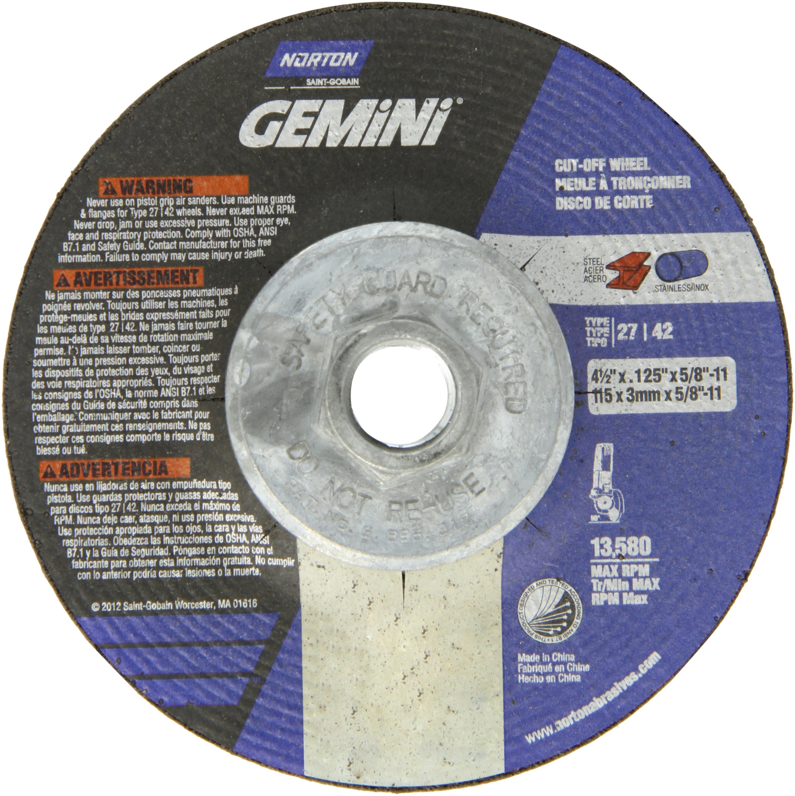 Norton Gemini Depressed Center Abrasive Wheel, Type 27, Aluminium Oxide, 5/8