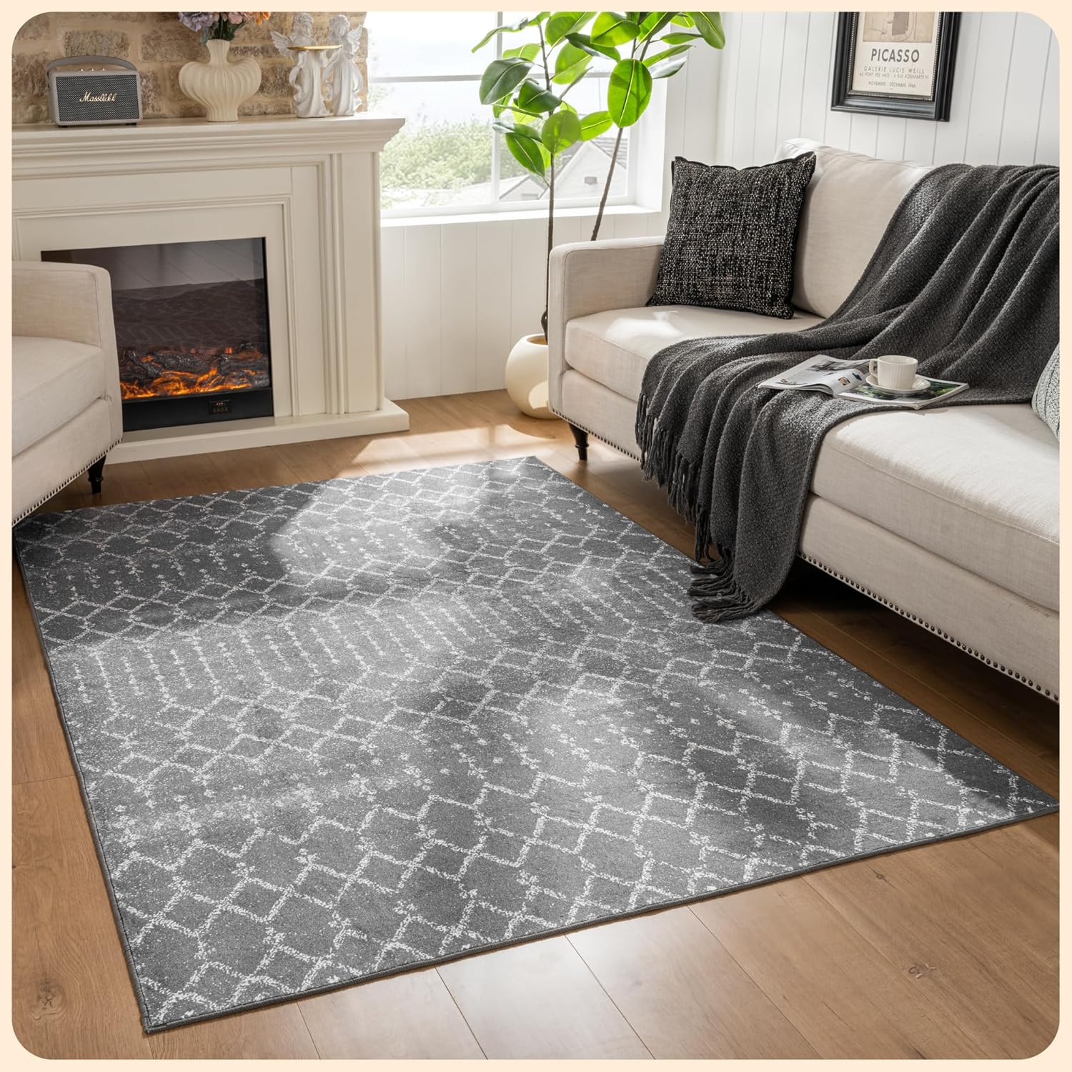Istana 5x7 Area Rug - Dark Grey Rugs for Living Room 5x7 - Foldable 5x7 Rugs for Bedroom - Stain Resistant 5x7 Washable Rug - Eco-Friendly Boho Area Rugs 5x7 - Easy to Clean Living Room Rug 5x7 5X7 Smoky Grey / White