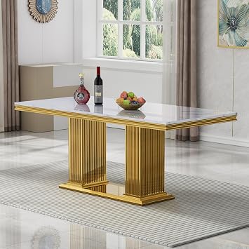 68 inch White Marble Dining Table for 4 to 6, Modern Rectangular Faux Marble Kitchen Table with Gold Stainless Steel Double Column Base, Luxury Rectangle Marble Kitchen Dining Table for Dining Room