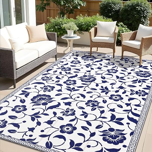 OLANLY Outdoor Rug 5x8 ft Waterproof Reversible Floral Mat (Navy & White)