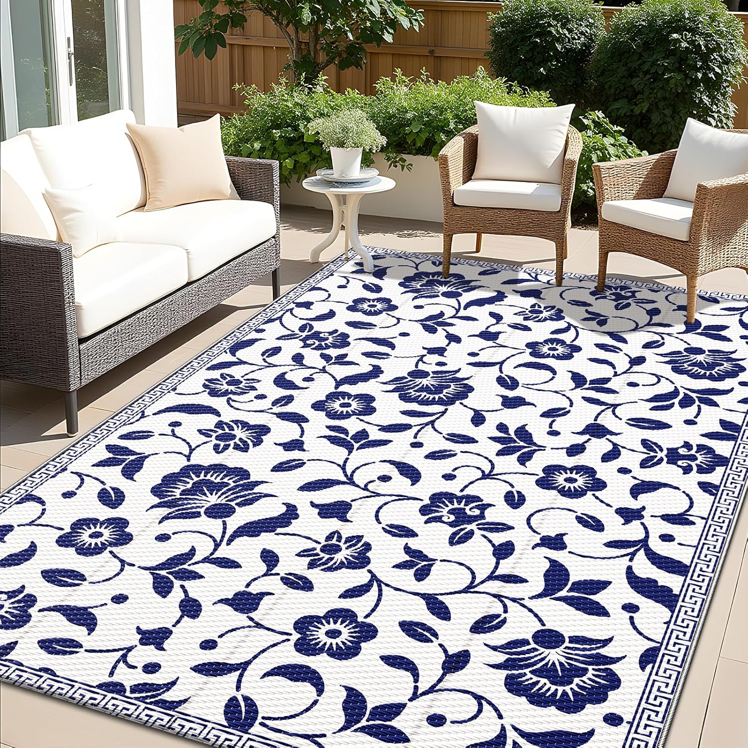 OLANLY 5x8 ft Waterproof Reversible Outdoor Rug, Plastic Straw Flower Pattern Navy White RV Mat for Patio Deck Camping Balcony