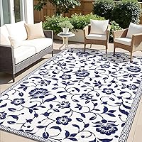 OLANLY 5x8 ft Waterproof Reversible Outdoor Rug, Plastic Straw Flower Pattern Navy White RV Mat for Patio Deck Camping Balcony