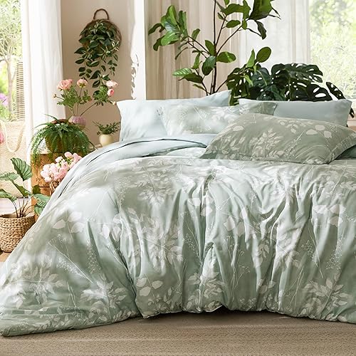Bedsure Juego de edredón de tamaño matrimonial  7 piezas de ropa de cama suave verde salvia floral, cama matrimonial en una bolsa con edredón de