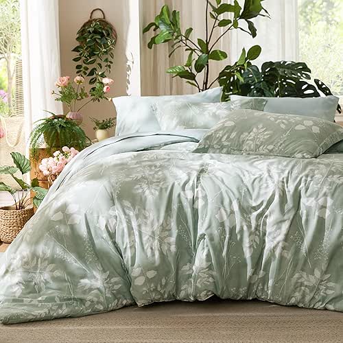 Bedsure Queen Comforter Set - 7 Pieces Floral Sage Green