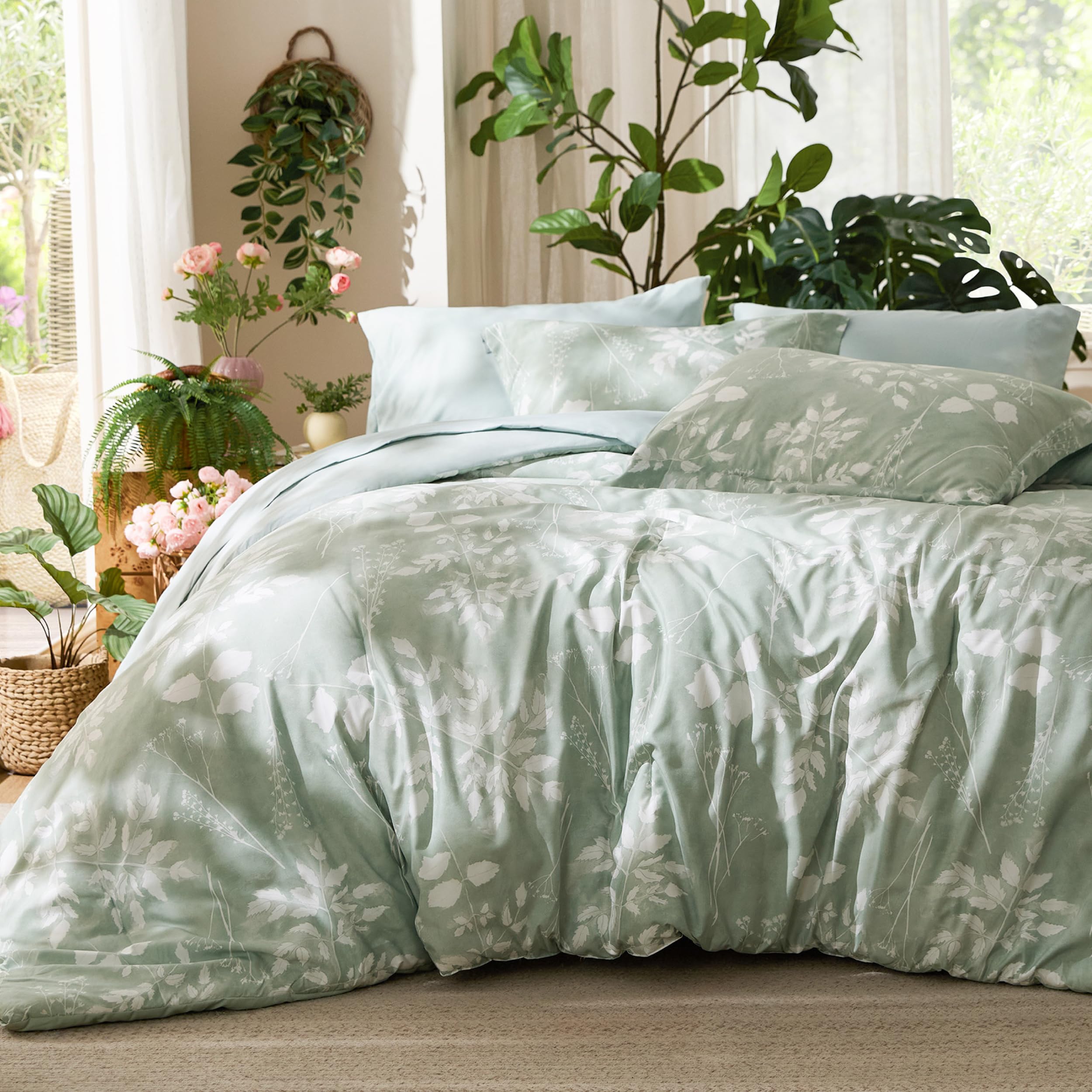 Bedsure Queen Comforter Set - 7 Pieces Floral Sage Green GentleSoft™ Bedding Sets, Queen Bed in a Bag with Botanical Flowers Winter Comforter, Sheets, Pillowcases & Shams