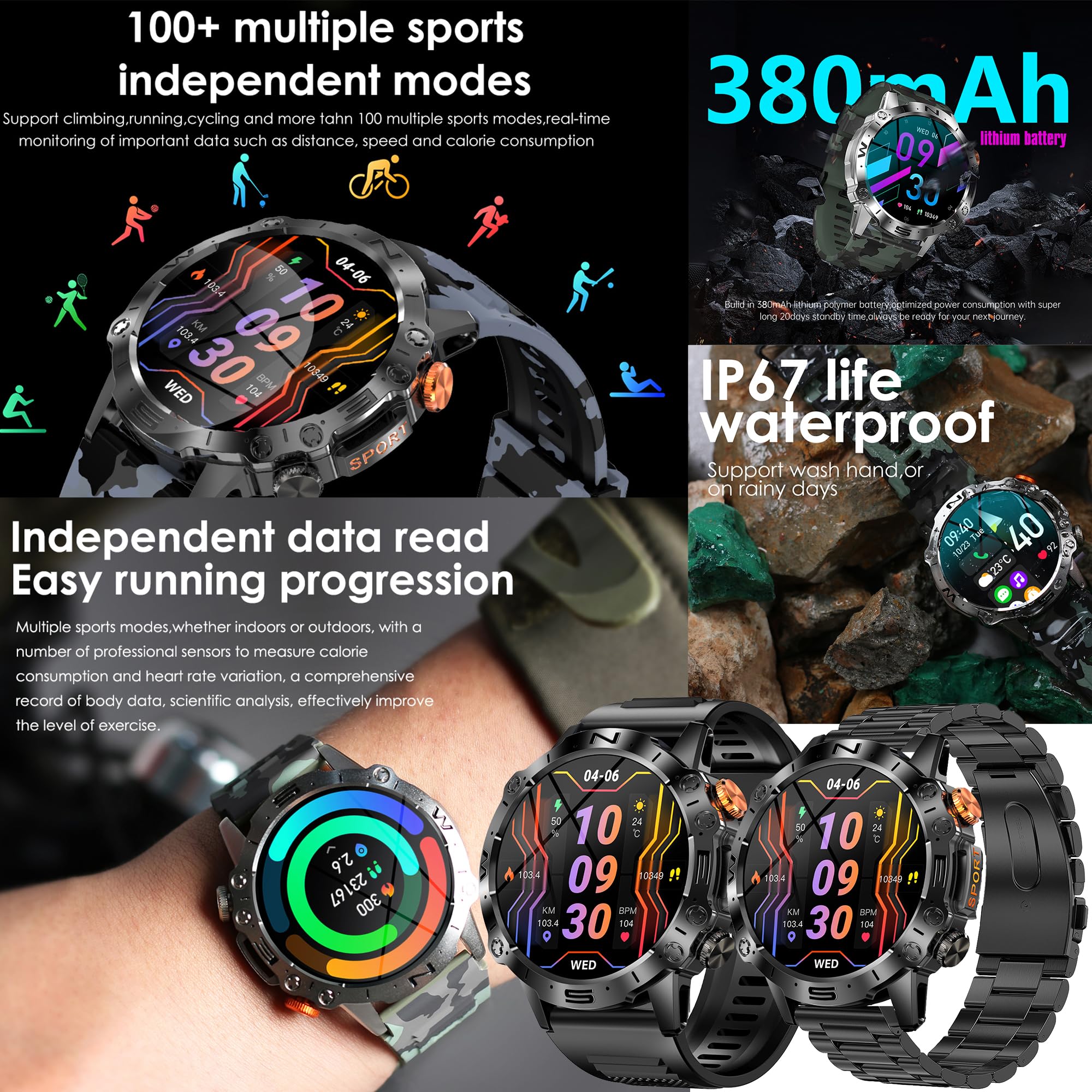 Smartwatch Męski, Inteligentny Zegarek Który Może Wykonywać i Odbierać Połączenia, 1,43” AMOLED Fitness Tracker 123 Sportowych Wodoodpornością Asystent Głosowy AI dla telefonów z Android iOS (czarny)