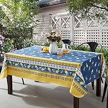 Home Bargains Plus French Country Lemon Grove Vinyl Tablecloth with Flannel Backing, 60 x 84 Inch Rectangle, Blue and Yellow Citrus Lemon Print, Easy Care Wipe Clean Indoor Outdoor Table Cover