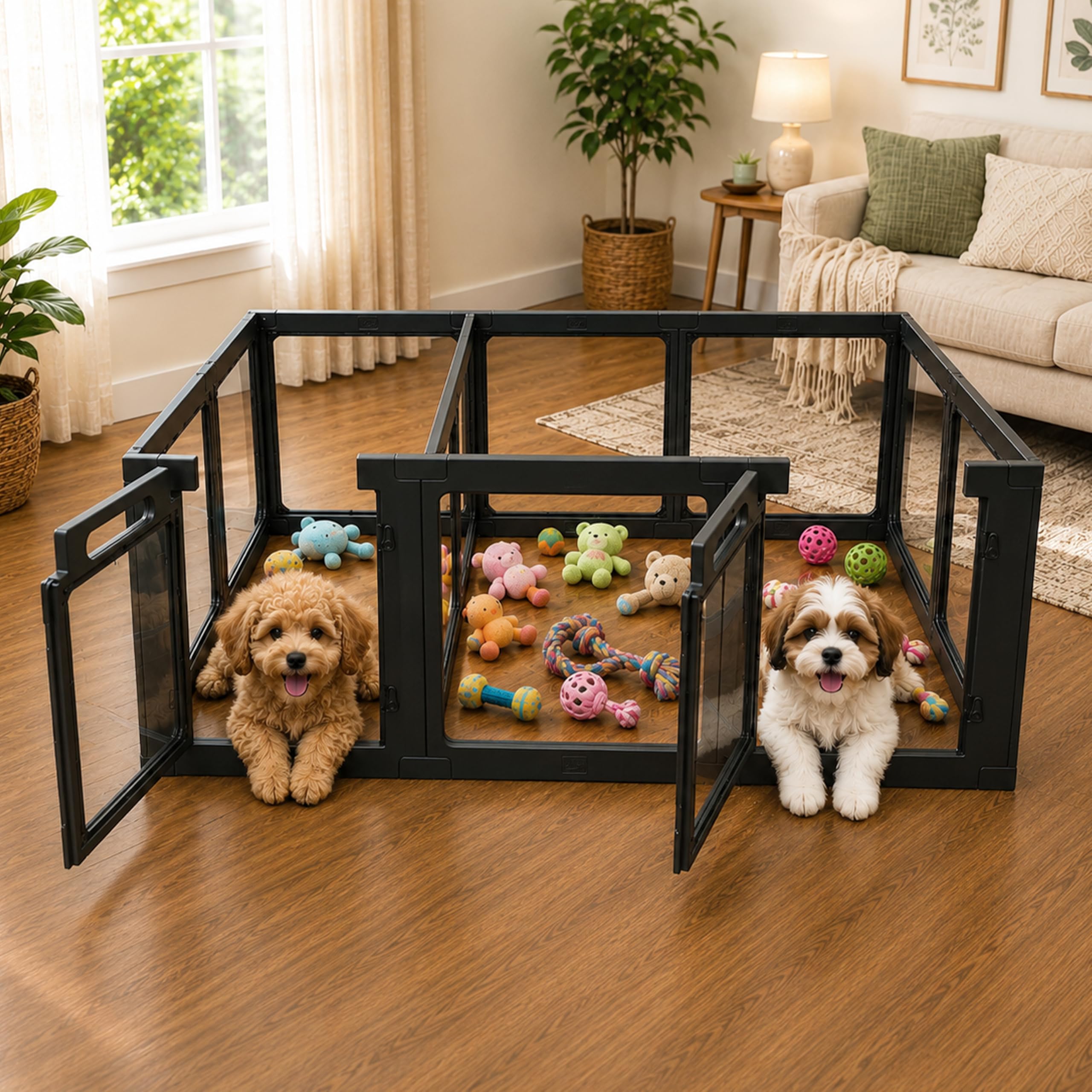 Transparent Indoor Dog Playpen with Safety Lock, Indoor Dog Fence for Small &amp; Medium Pets | Secure, Stylish, Easy Clean Play Pen for Dogs &amp; Pets with Scratch Resistant Panels (24''H,Black, 12 Panels)