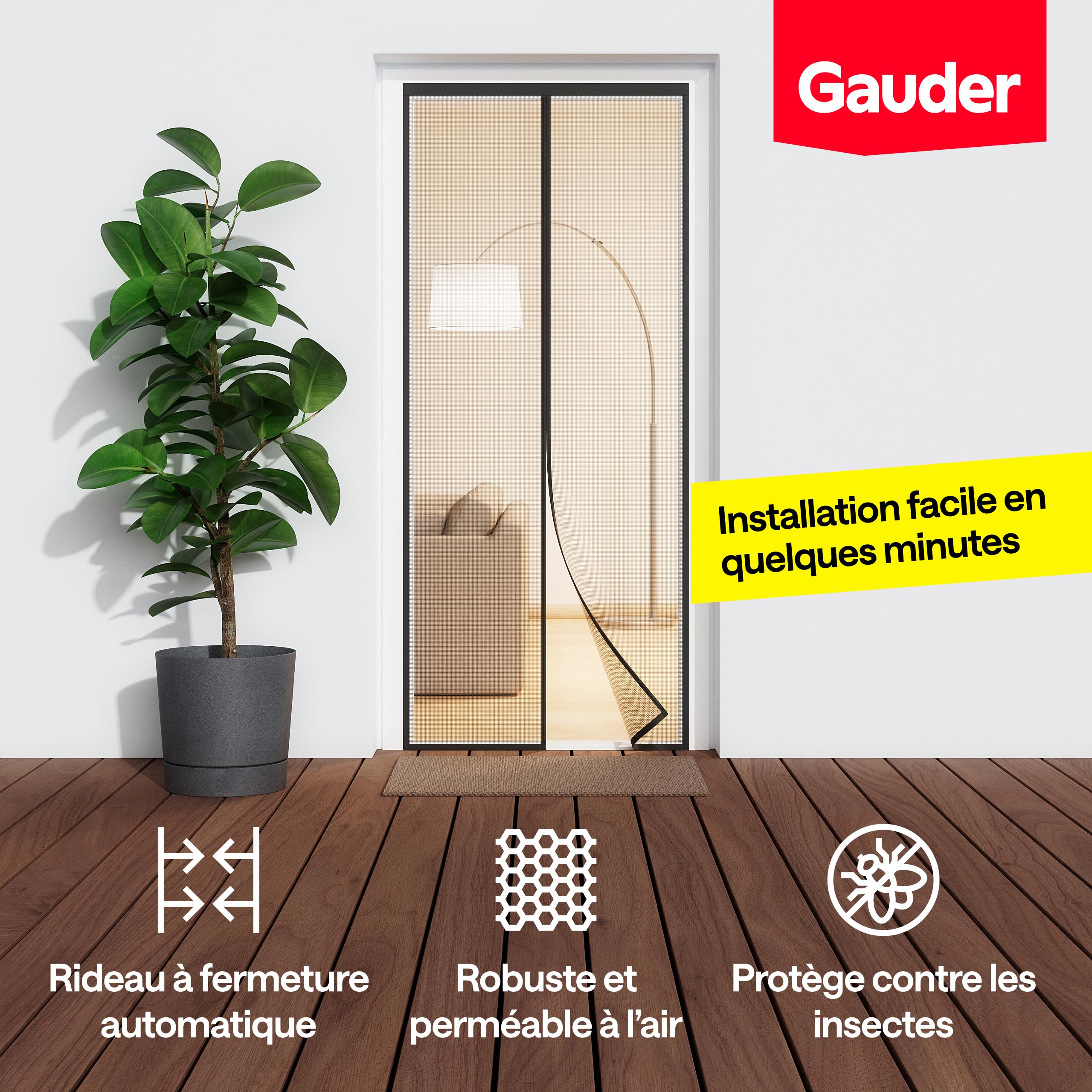 GAUDER Moustiquaire Magnétique pour Porte (90 x 210 cm) Noir | Rideau Anti-Moustiques Aimanté Sans Perçage | Protection Contre les Insectes pour Balcon & Terrasse | Fermeture Automatique