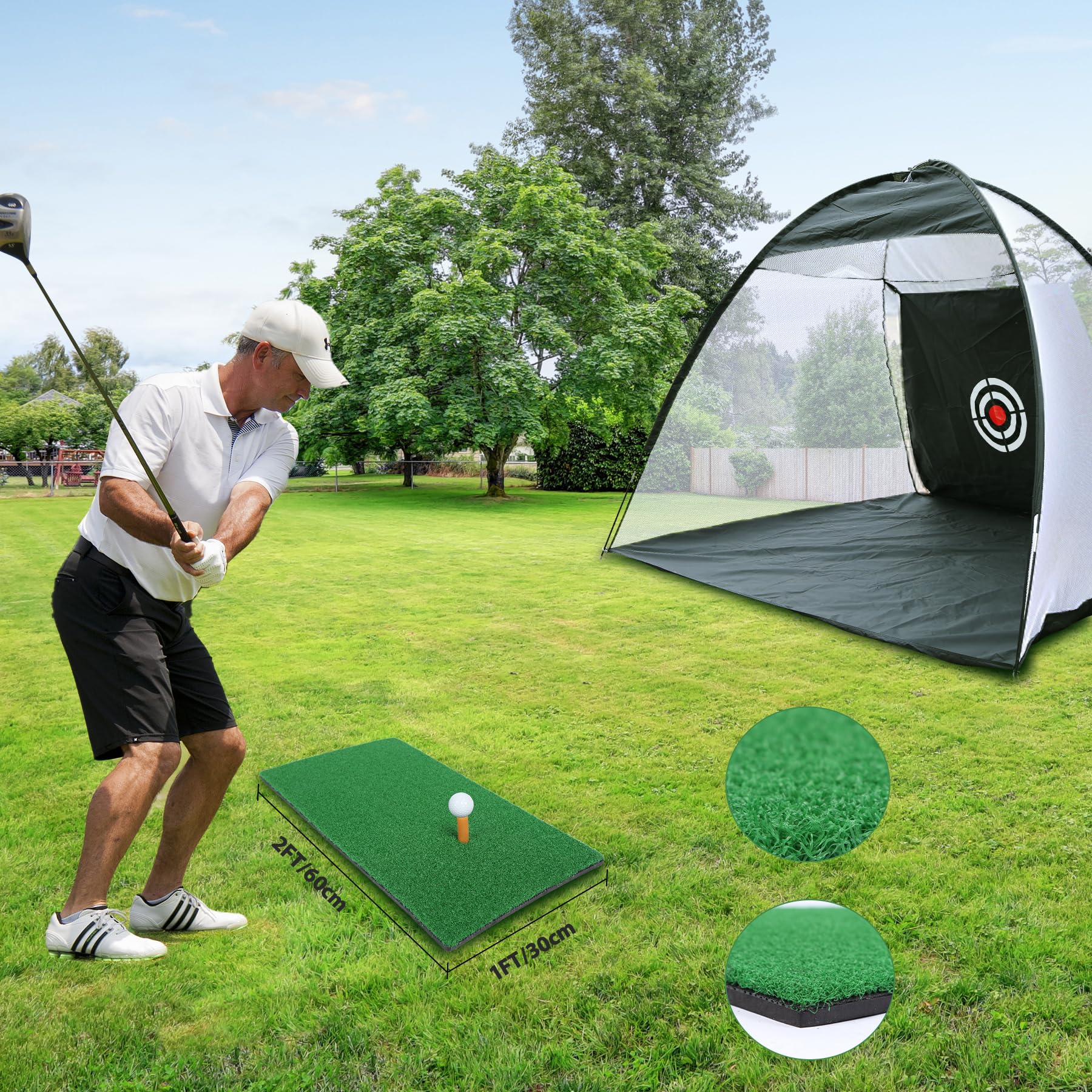 REDCAMP Red de entrenamiento de golf 10x7 pies con césped y estera de impacto