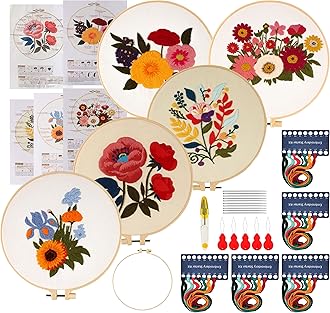Maydear5 Packs Embroidery Starter Kit with Pattern, Stamped Cross Stitch Kits for Beginners Adults with Embroidery Hoop and Instructions, Hand Embroidery Kit (Florals)