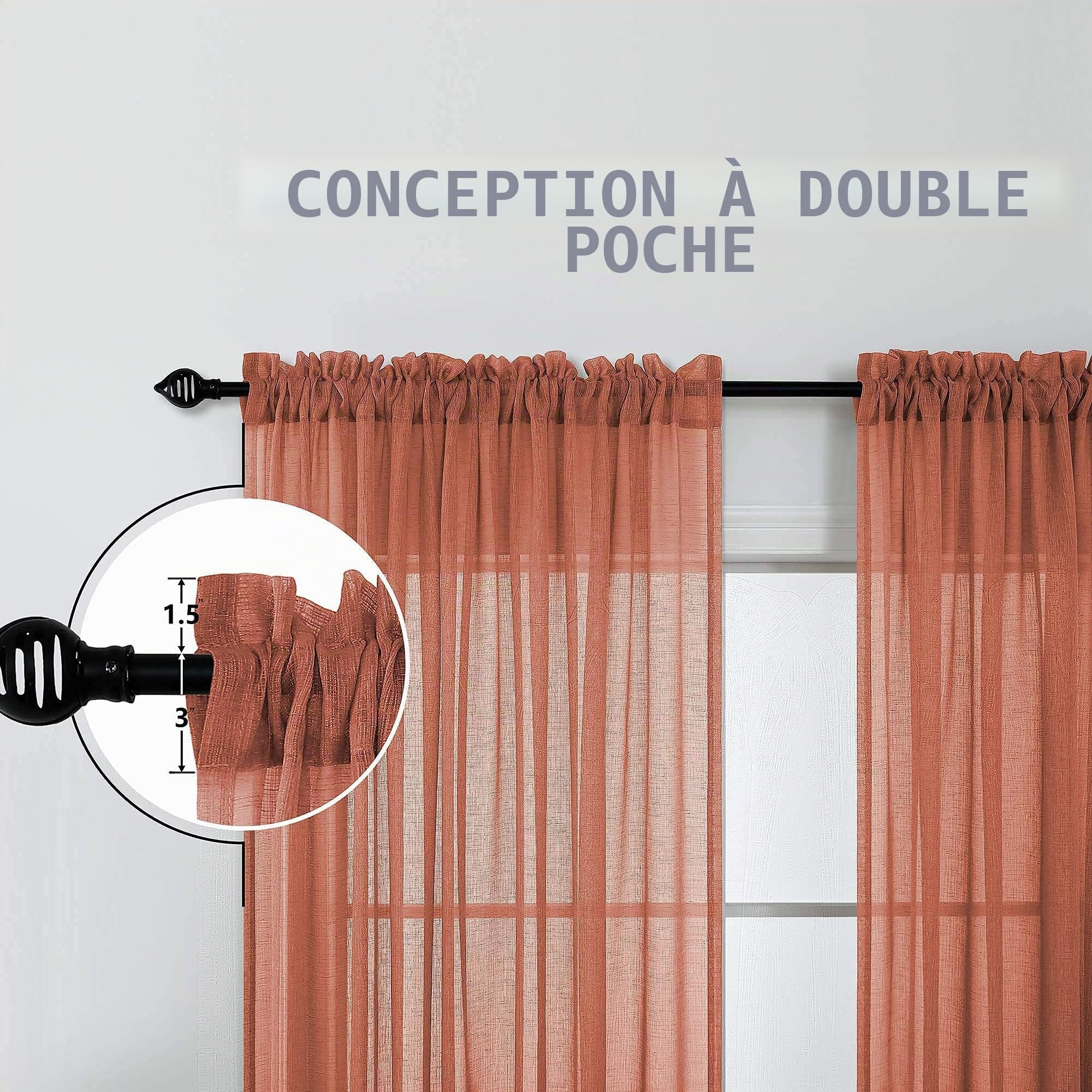 Lot de 2 Rideaux Semi-Transparents en Lin synthétique avec Passe-Tringle pour Chambre à Coucher et Chambre à Coucher (Terre Cuite) – 213 x 213 cm de Long – Orange brûlé