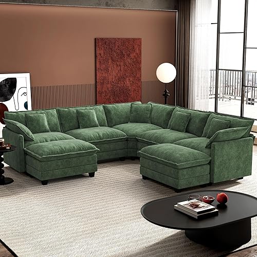Ihanherry 114" V-Shaped Modern Sofa Modular Sectional Cloud Couch with 2 Ottoman, 7-Seat Chenille Deep Seat Sofa with Corner Section for Living Room, Bedroom and Apartment, Green