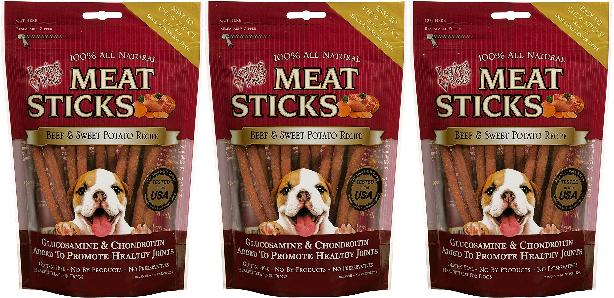 Loving Pets3 Pack of Beef & Sweet Potato Meat Sticks Dog Treats, 5 Ounces Each, with Glucosamine and Chondroitin