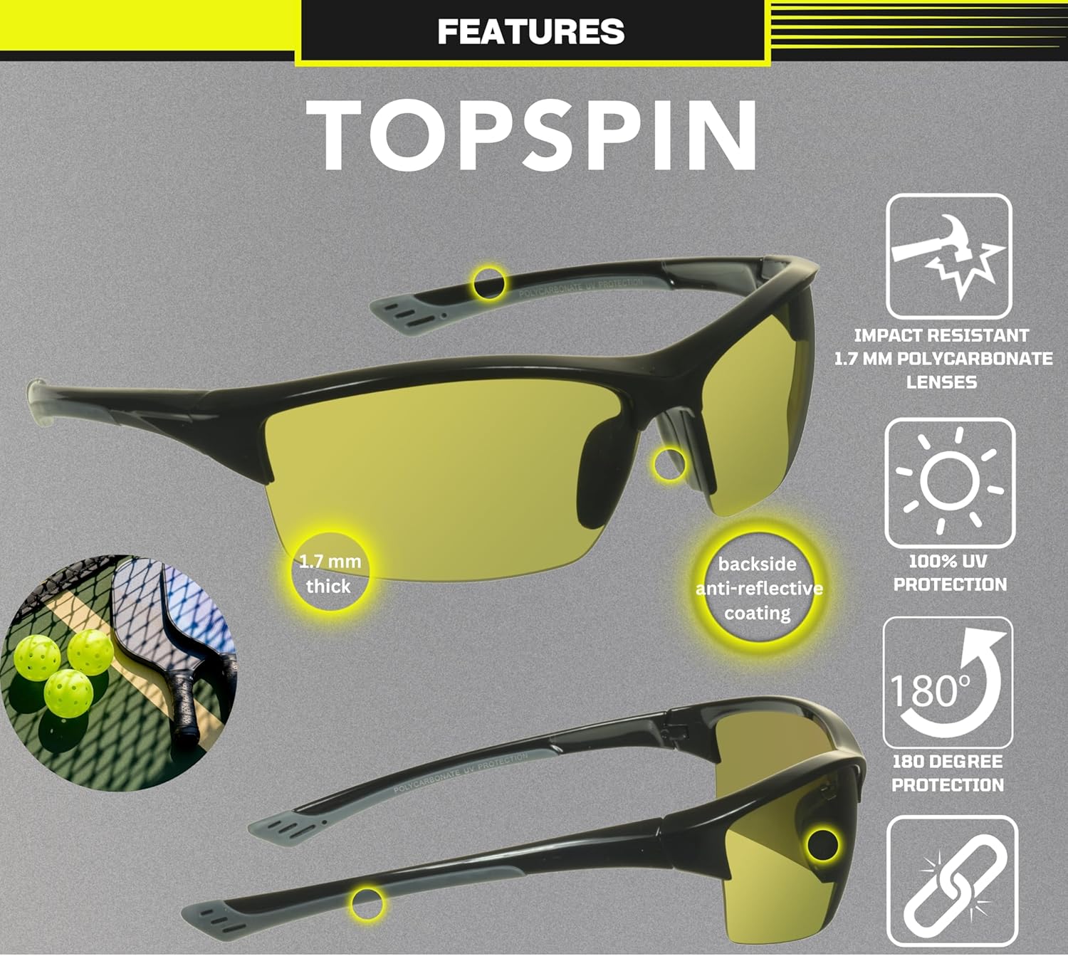 proSPORT Pickle Ball Sunglasses G-15 Green HD Copper Yellow Lens Sport Golf Tennis Cycling Men Women