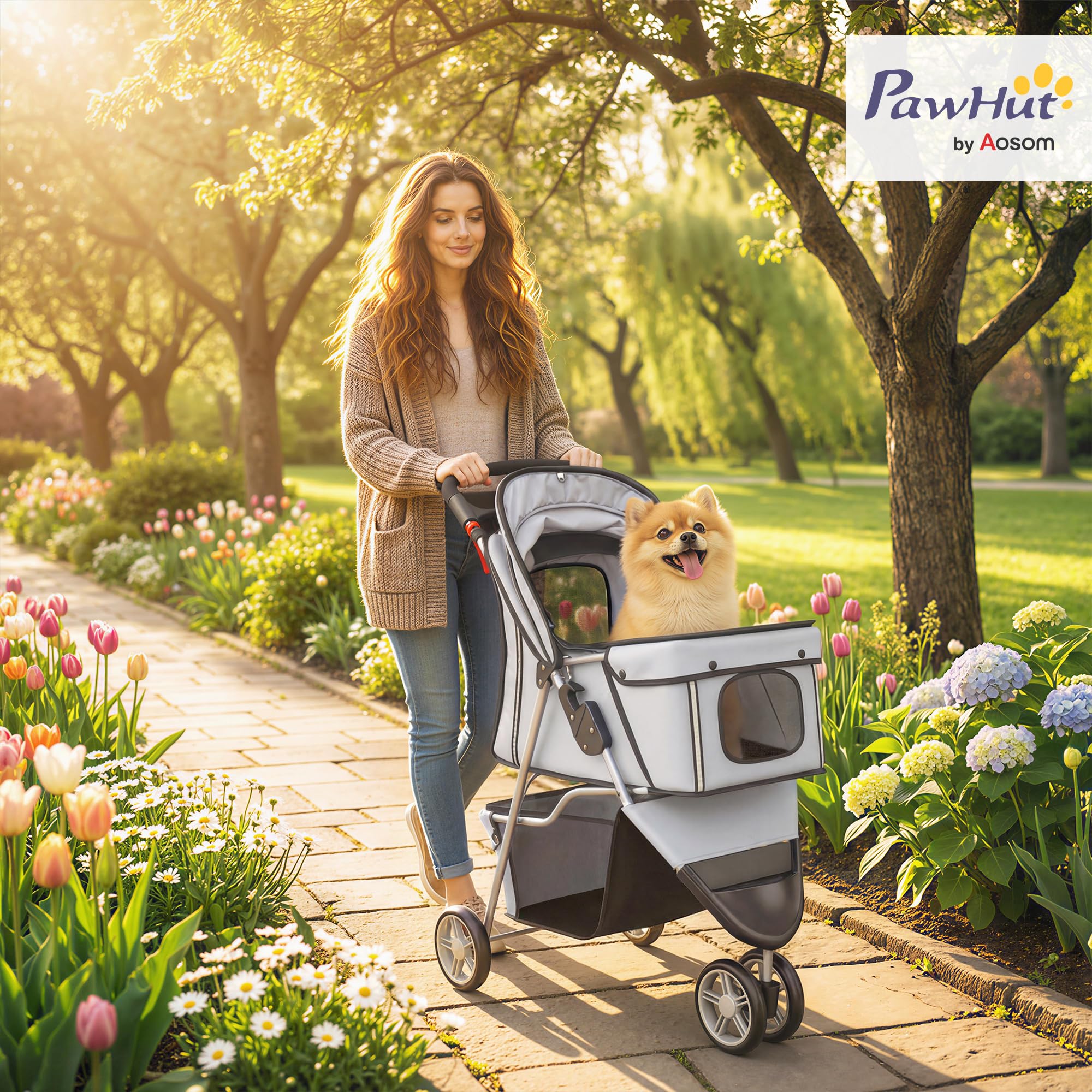 PawHut Passeggino per Cani Piccoli Pieghevole, Carrozzina per Cani con Ruote con Freni, Portabicchieri, Cestino Portaoggetti e Imbottitura Rimovibile e Lavabile, per Animali fino 10 kg, Grigio