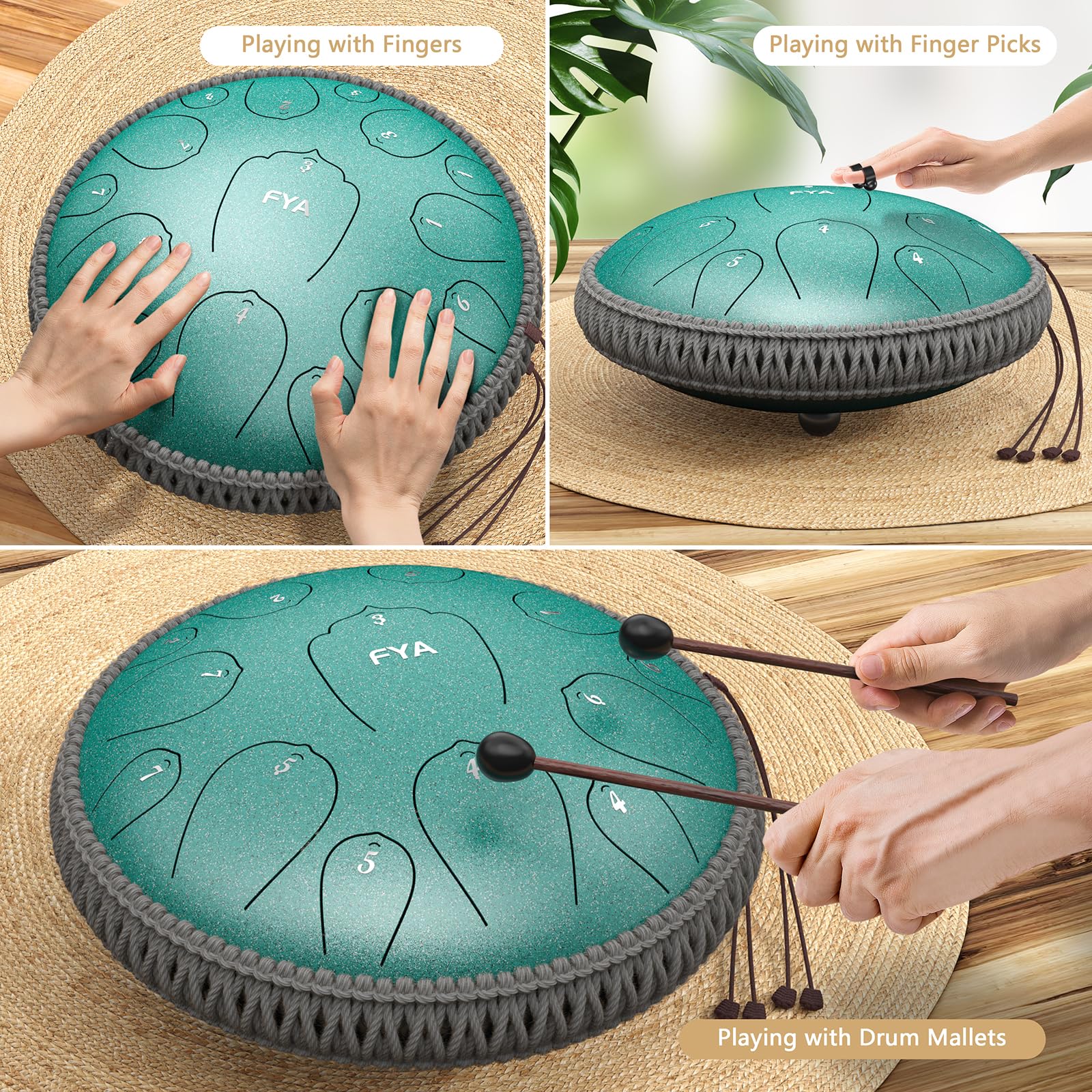 FYA 14 Inch Steel Tongue Drum 15 Notes D Major for Kids and Adults with Rubber Mallets, Finger Picks and Padded Travel Bag, Unique Gifts for Him or Her (Malachite-15 Note 14 Inch) 2