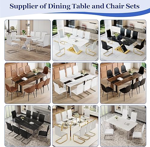 Miniatura 9 de Juego de mesa de comedor para 6, mesa de comedor de mármol blanco de 71 pulgadas con amplio espacio para las piernas y sillas de comedor de cuero