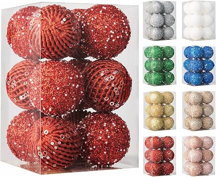 XmasExp Large Red Christmas Ornaments Sparkly Shatterproof Christmas Tree Ornaments Sequin Xmas Hanging Balls Glitter Xmas Decorations for Tree,Party,Wedding,Holiday 12pcs,3.15in