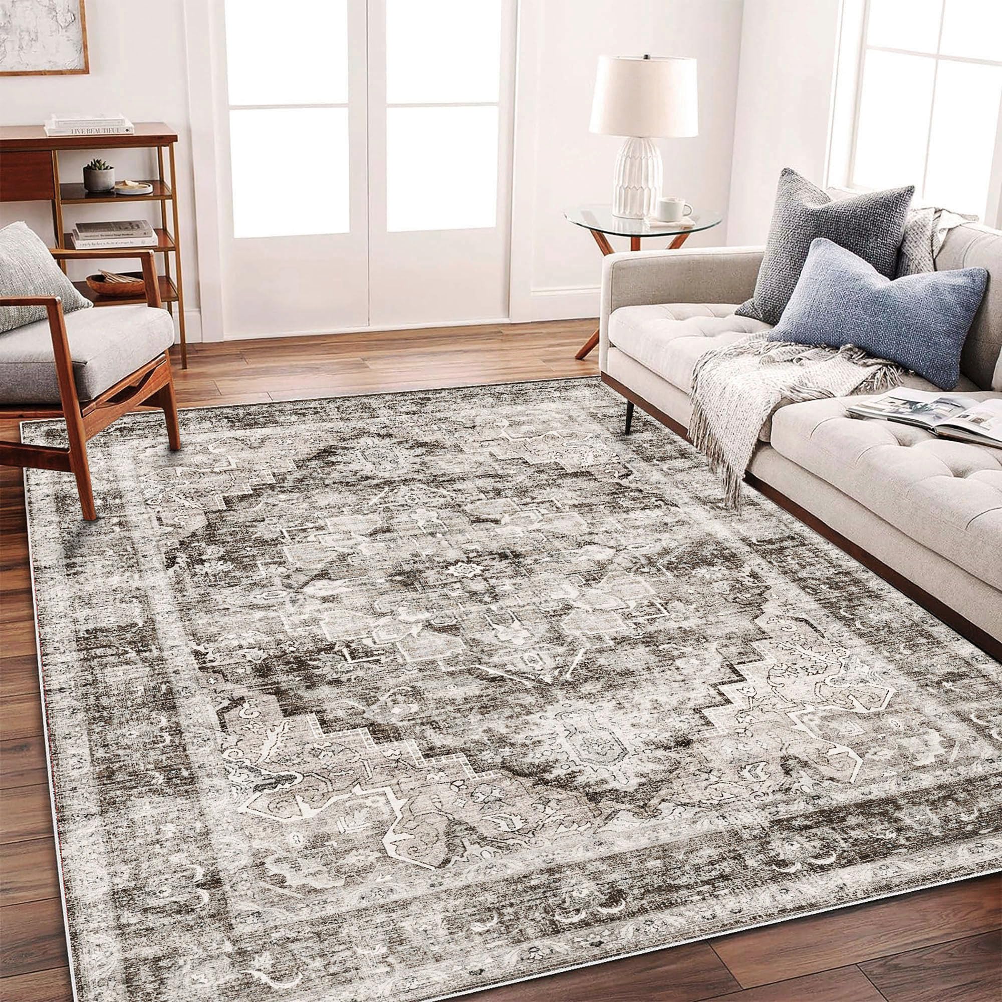 CHAMPLANT Area Rug 6'x9' Deep Khaki Washable Vintage Traditional Floor Cover Thin Retro Kitchen Indoor Distressed Non Slip Carpet for Living Room