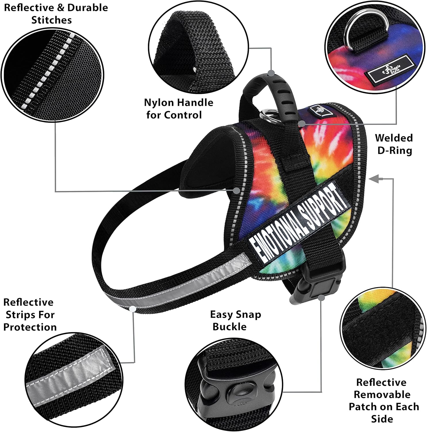 Doggie Stylz Emotional Support Vest 2 Hook and Loop Removable Reflective Patches, Straps and Handle – Harness Comes in Sizes XXS to XXL and 4 Colors (Girth 12-16", Tie Dye)