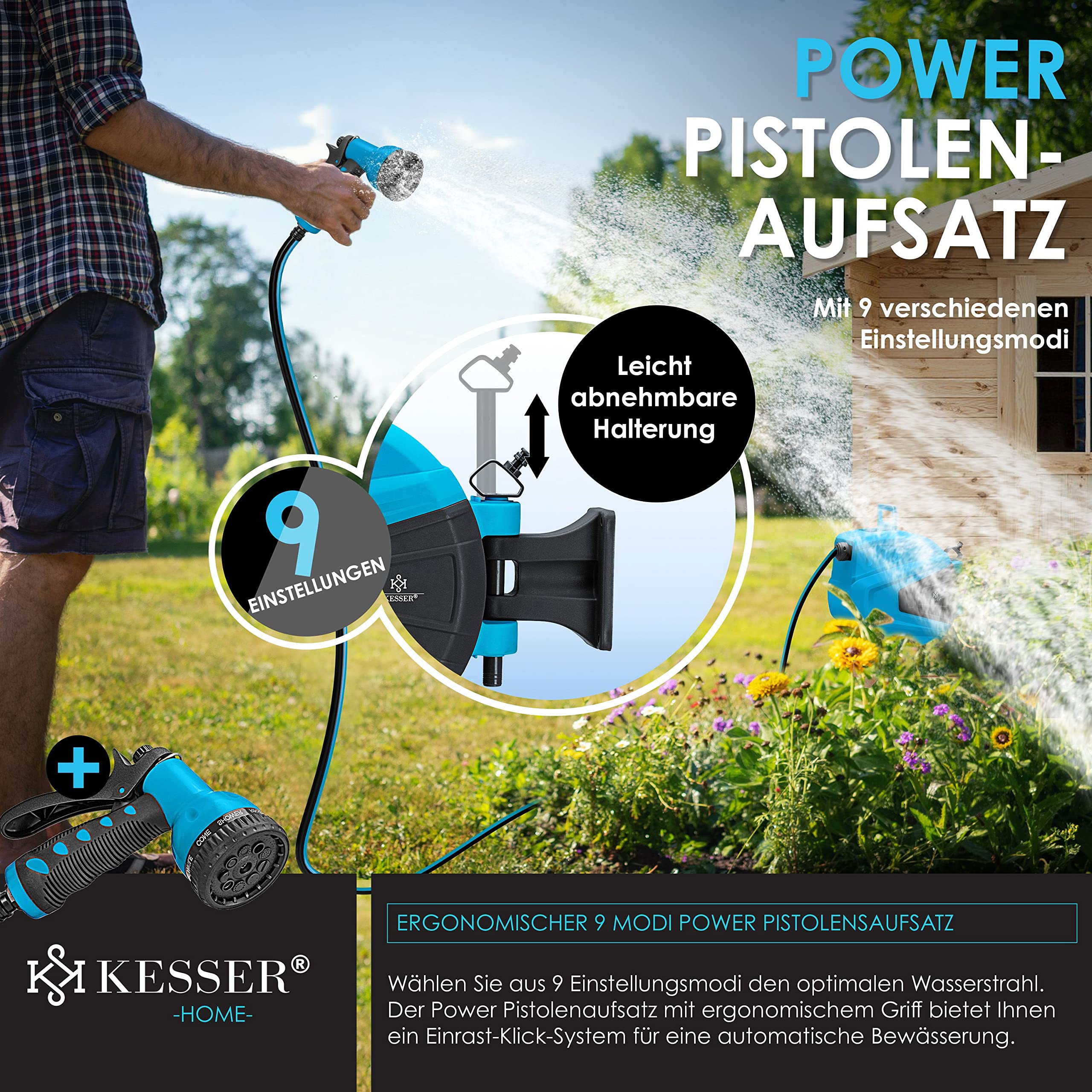 Enrouleur De Tuyau KESSER 30m Automatique - Support Mural Pivotant 180° - 9 Fonctions - Arrosage Jardin Facile