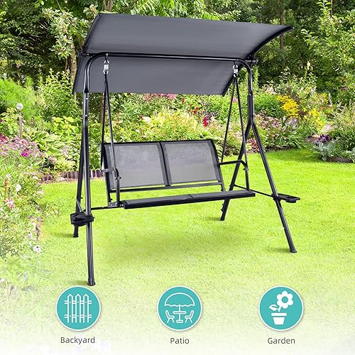 Miniatura 5 de Backyard Expressions - Columpio para patio para 2 personas con tela gris y marco de metal negro, capacidad de peso de 450 libras