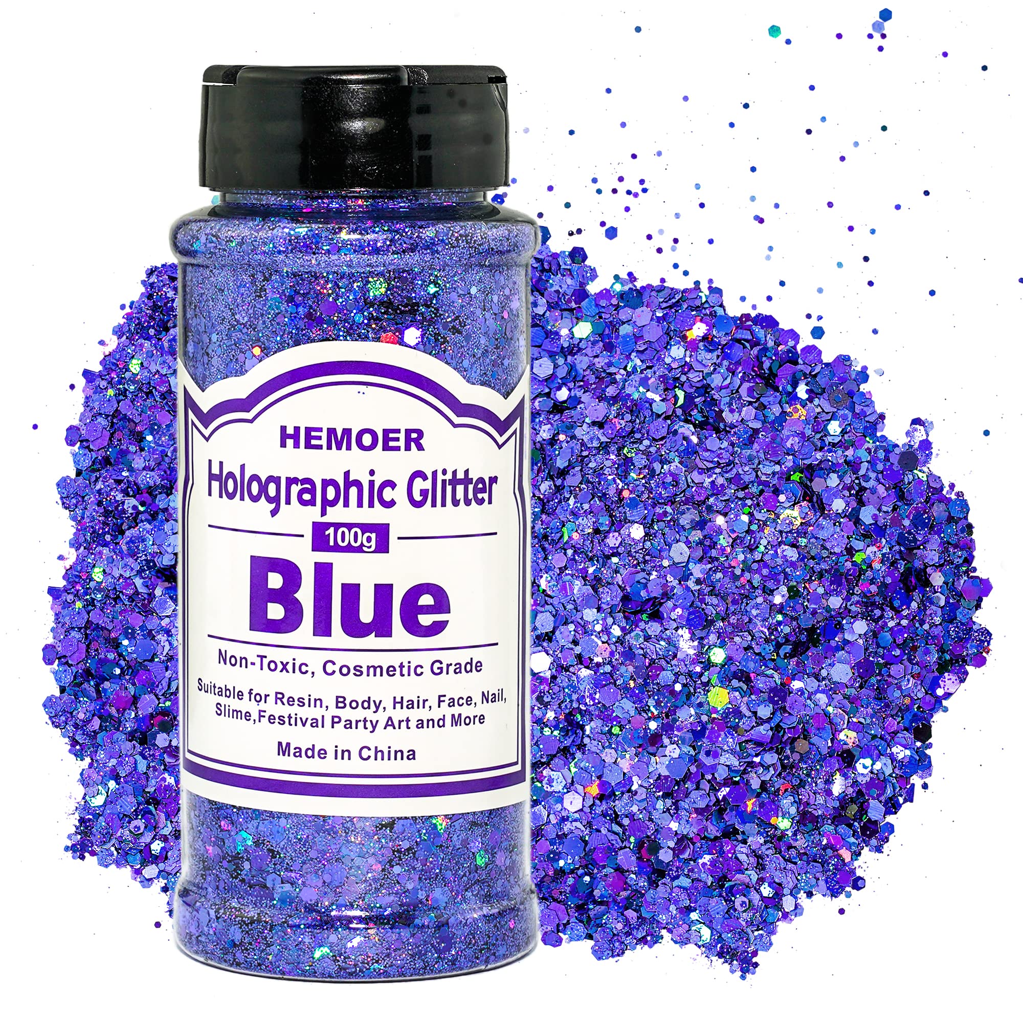 HEMOER Purpurina Gruesa Holográfico, Azul 100g de purpurina de lentejuelas gruesas para rostro, cuerpo, ojos, cabello, uñas, festival de lentejuelas en forma de hexágono de 3,52 oz/botella