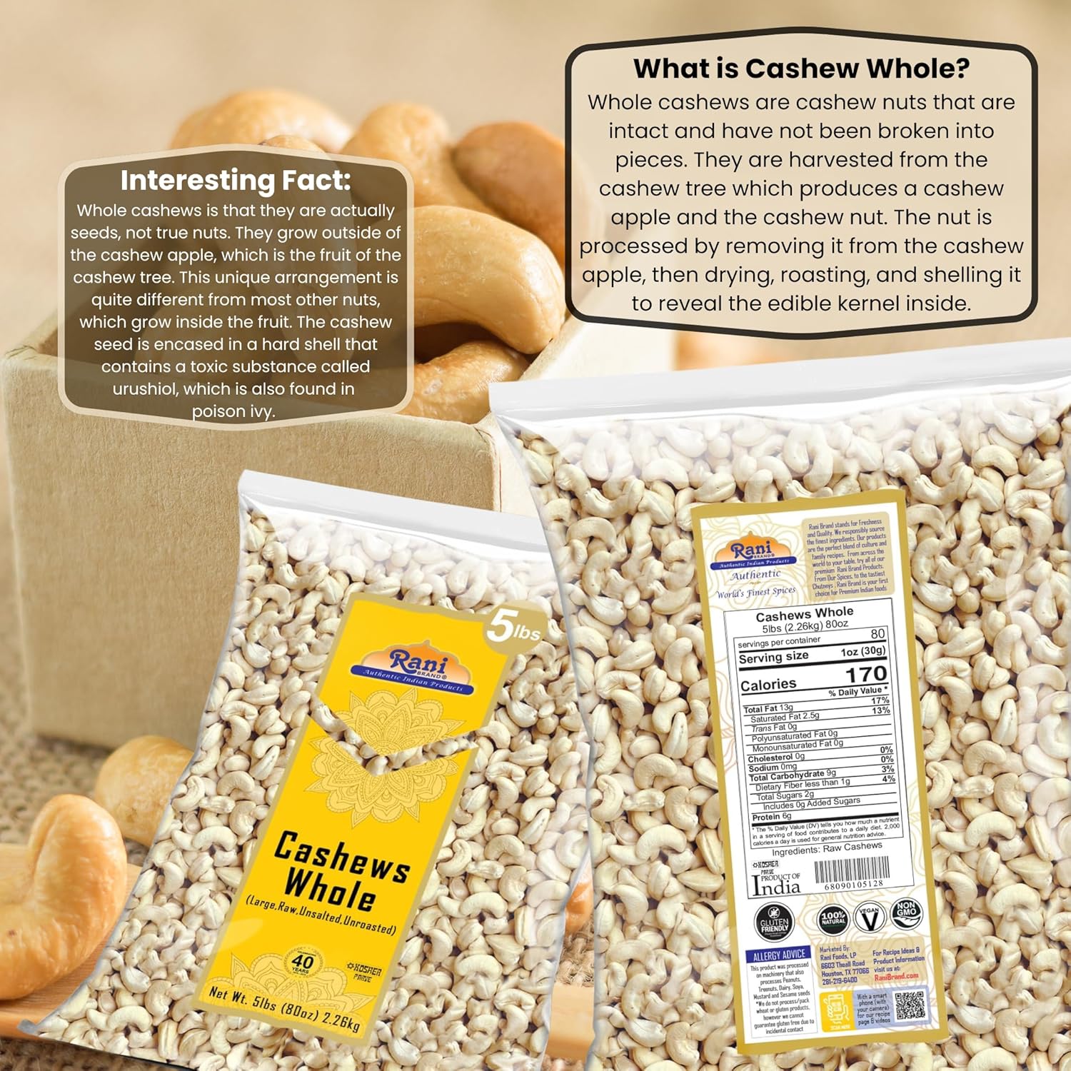Rani Raw Cashews Whole (uncooked, unsalted) 80oz (5lbs) 2.27kg Bulk ~ All Natural, No Preservatives | Vegan | NON-GMO | Kosher | Gluten Friendly