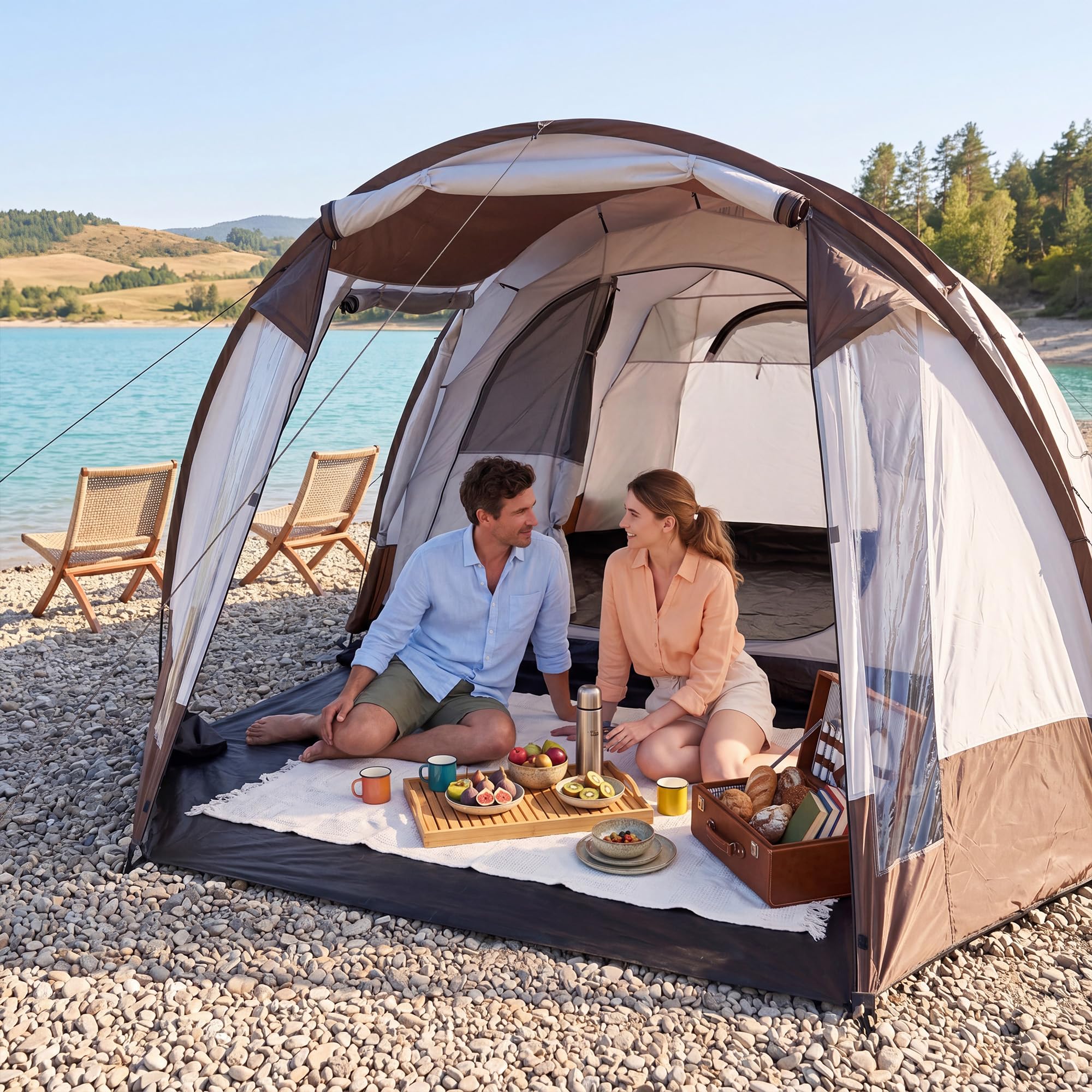 HOMASIS Tente de Camping avec Auvent 4-6 Personnes pour Famille, Tente Tunnel avec Salon et Porche, Sac de Transport, pour Camping, Voyage, 450 x 330 x 202CM