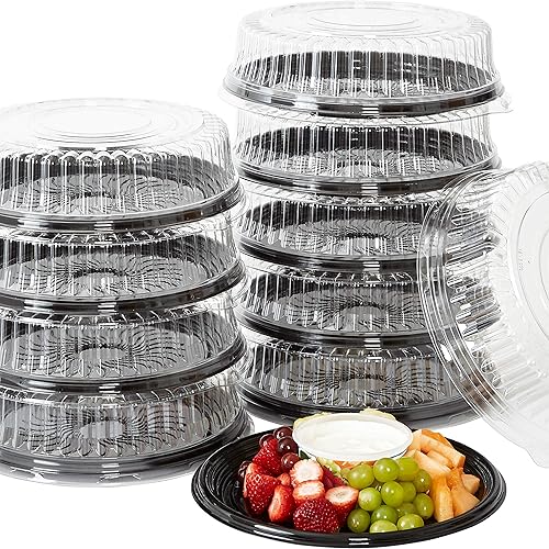 Miniatura 1 de Resistente reciclable de 12 pulgadas Bandeja de servir y tapa 3 unidades Platos grandes de plástico negro con tapas transparentes Bandejas redondas