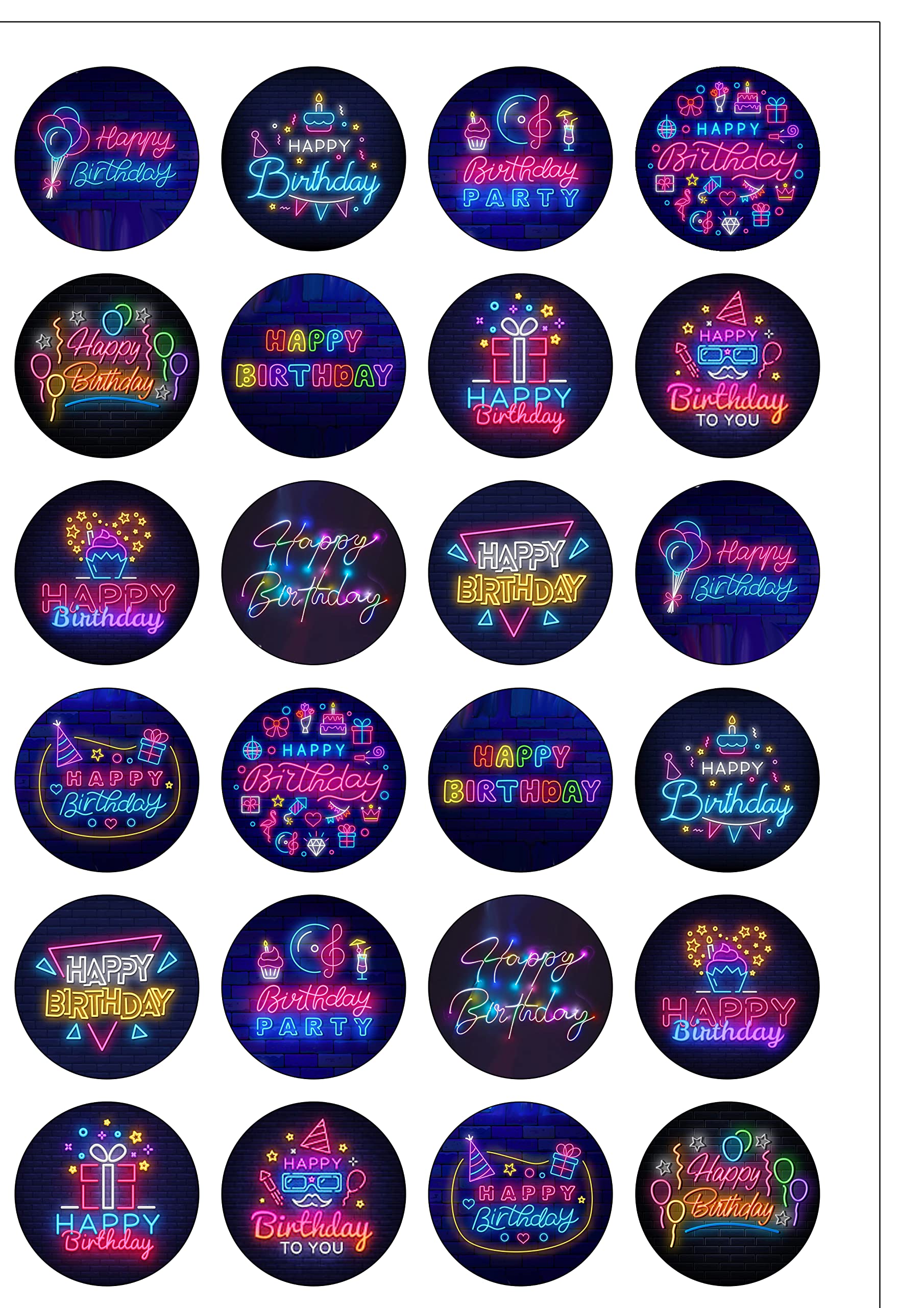 24 Precut Round Neon Signs Themed Happy Birthday Edible Wafer paper Cake Toppers Decorations - Boy or Girl