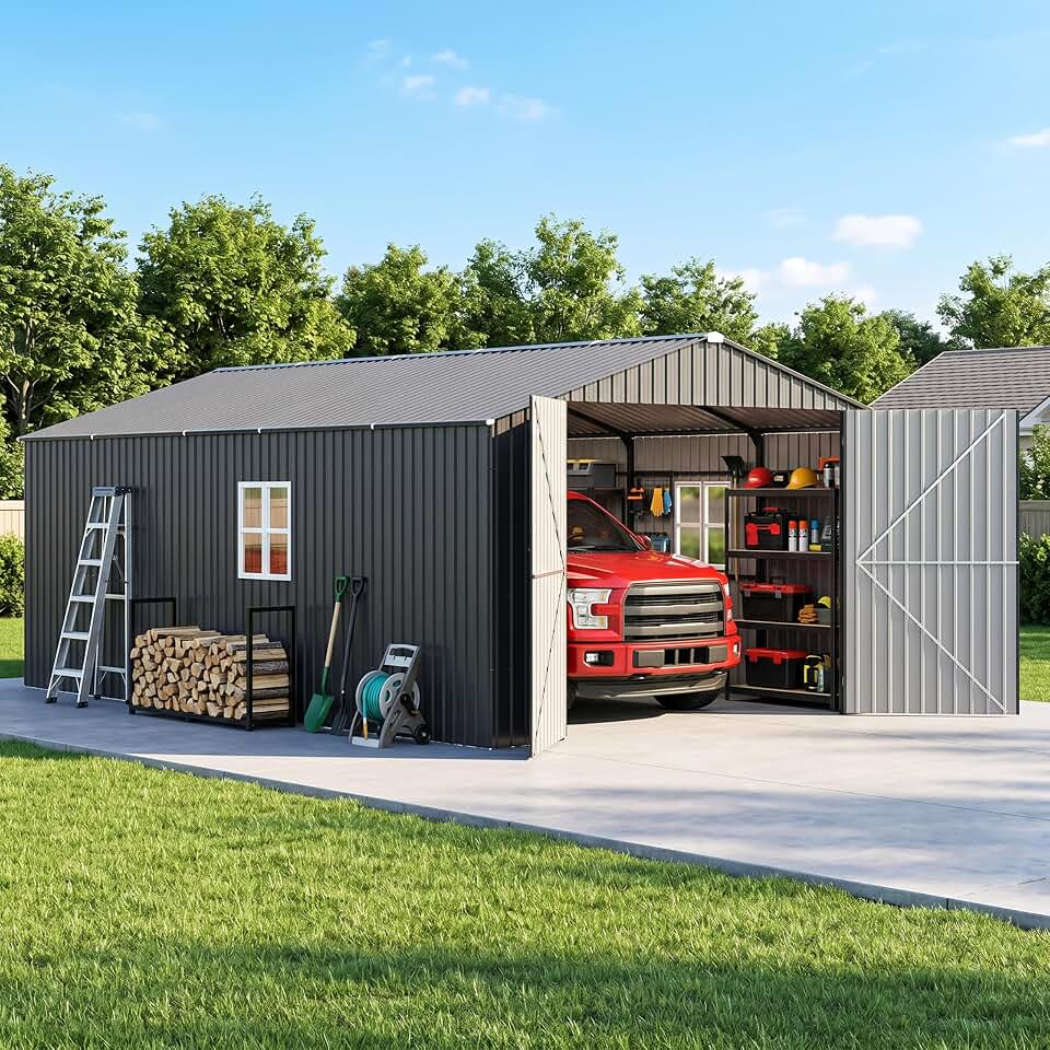 12x20 ft Enclosed Metal Carport Heavy Duty Garage Shed with Windows, Lockable Double Doors & Side Door, Extra Large Outdoor Storage Building for Backyard, Vehicle, SUV, Dark Gray