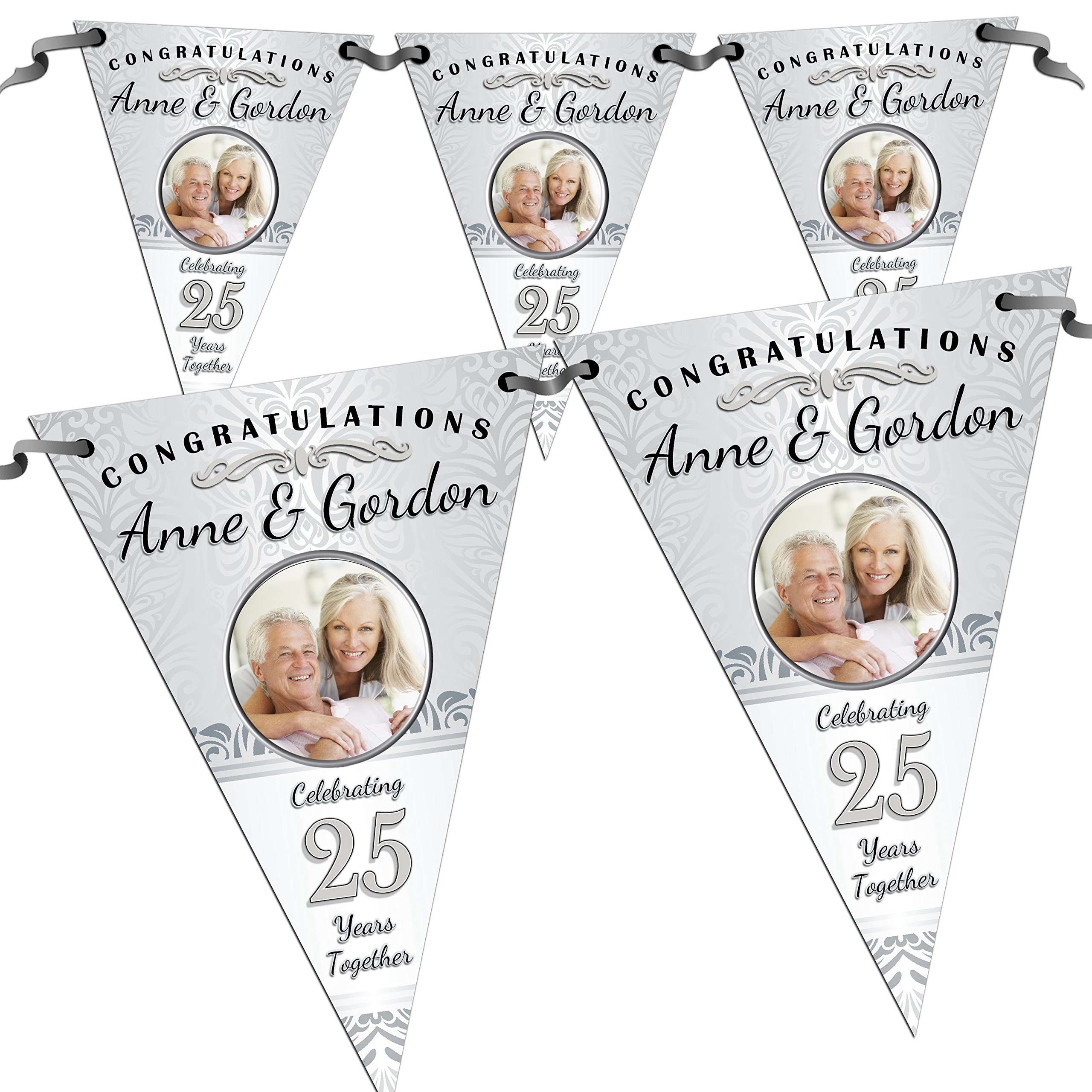 Personalised 25th Silver Wedding Anniversary Congratulations Party PHOTO Flag Banner Bunting N58-10 Flags inc ribbon