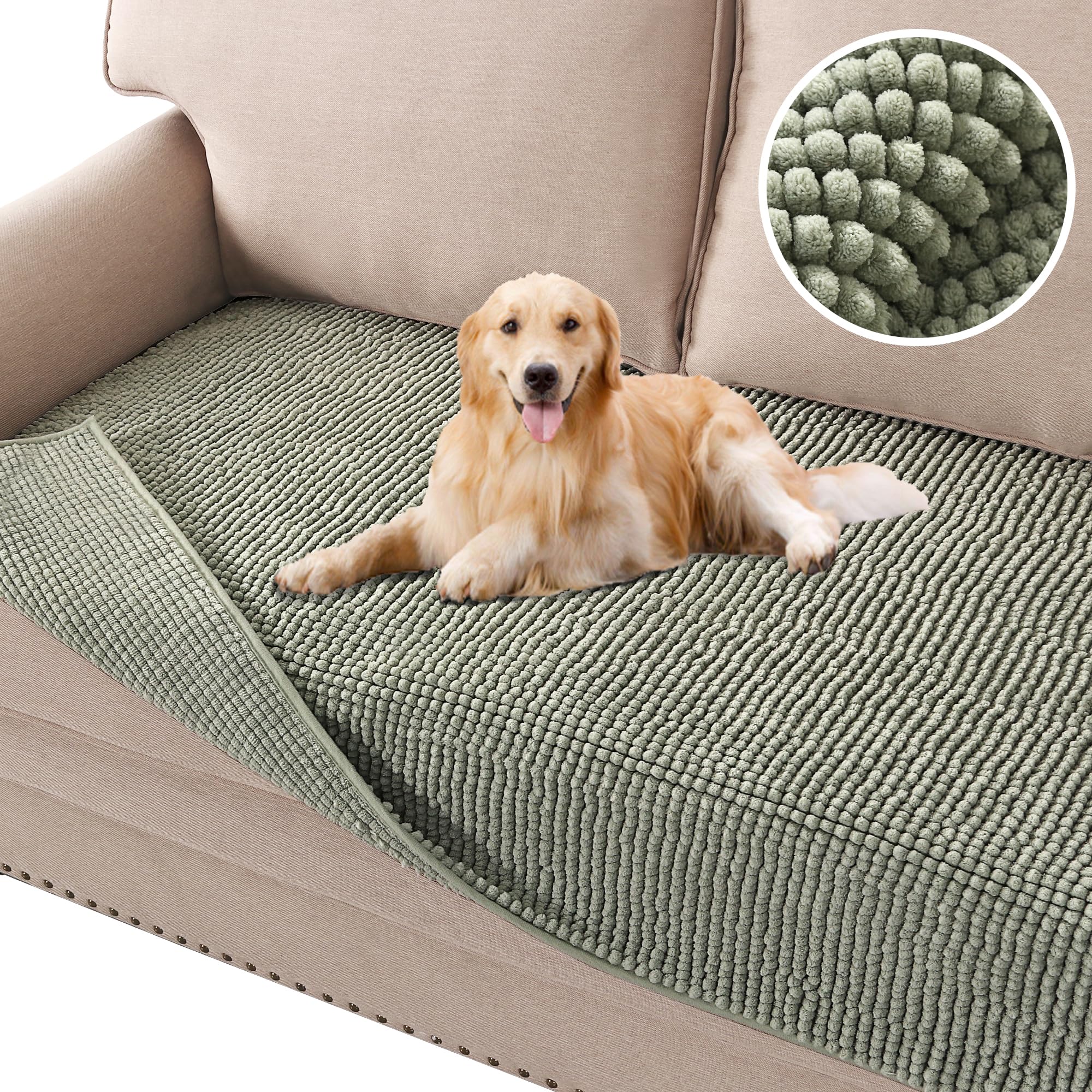 H.VERSAILTEX Plush Chenille Dog Bed Cover Thick Soft Sofa Cover for 3 Cushion Couch Anti Slip Couch Cover Water Resistant Furniture Protector for Dog, Pet, Cat (35" x 74", Sage)