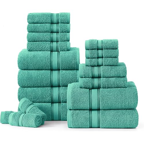 LANE LINEN 100% Mercerized Cotton Luxury Bathroom Towel Set - 18 Pcs - Zero Twist, Fluffy, Soft & Highly Absorbent - 6 Bath, 6 Washcloths, 6 Hand Towels - Avaialable in Wide Variety of Colours - Teal