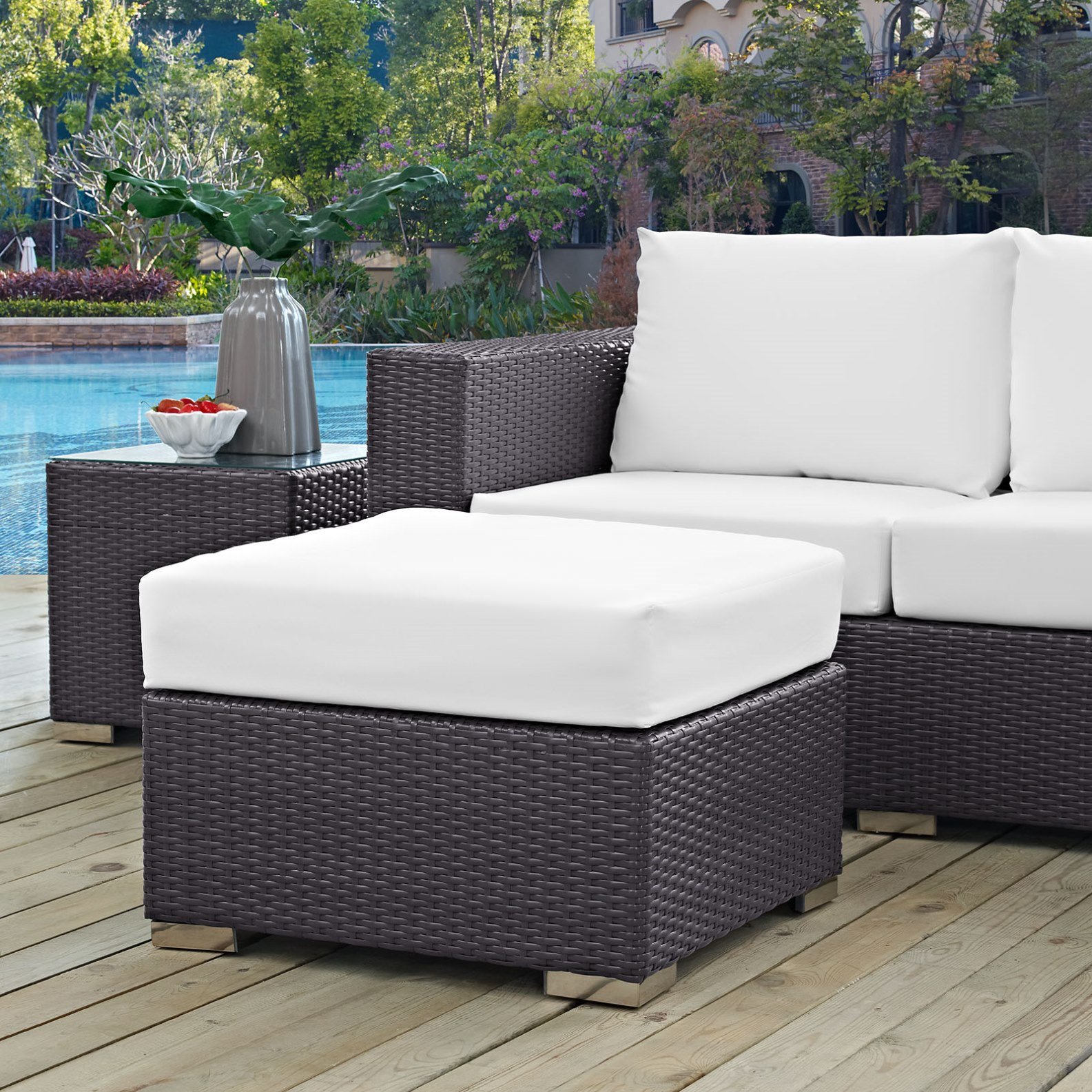 Modern Contemporary Urban Design Outdoor Patio Balcony Square Ottoman, White, Rattan