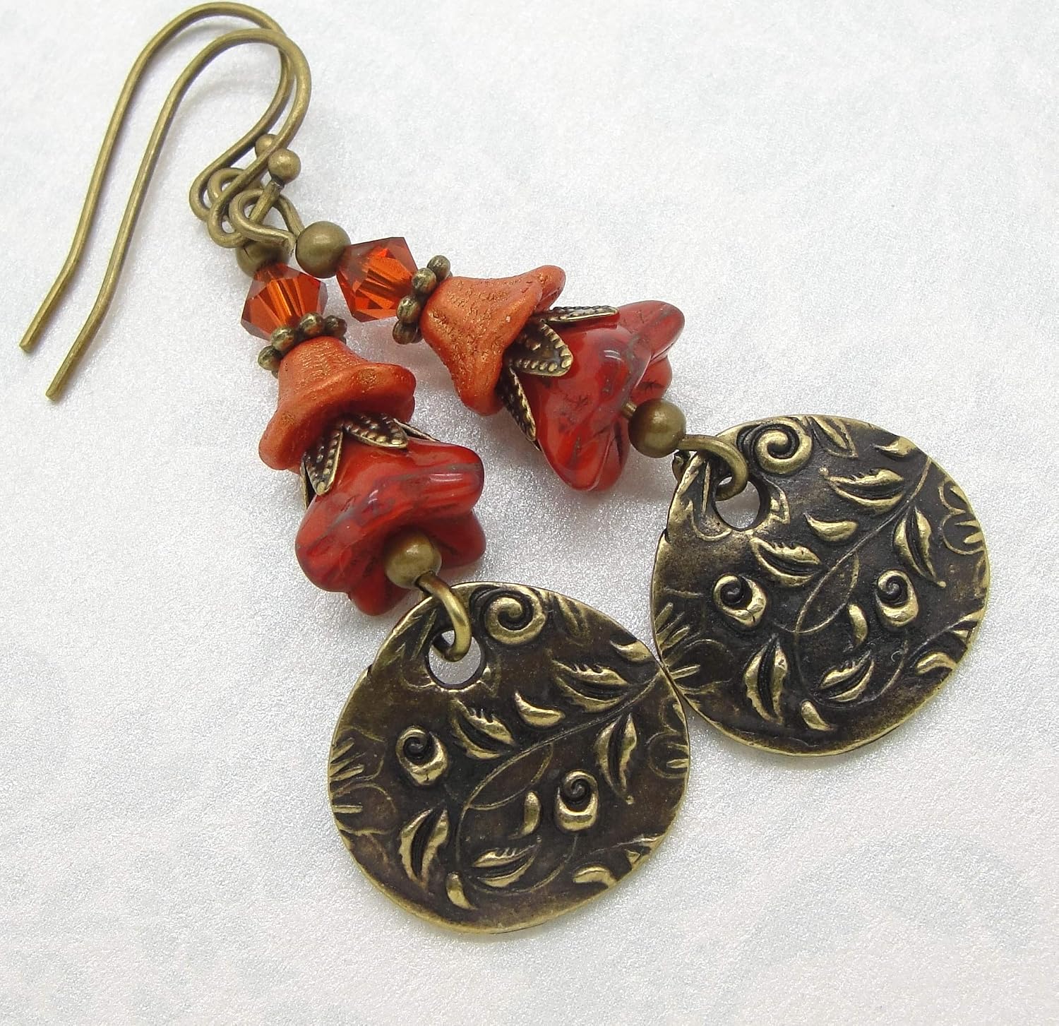 Red and Orange Flower Earrings in Antiqued Brass