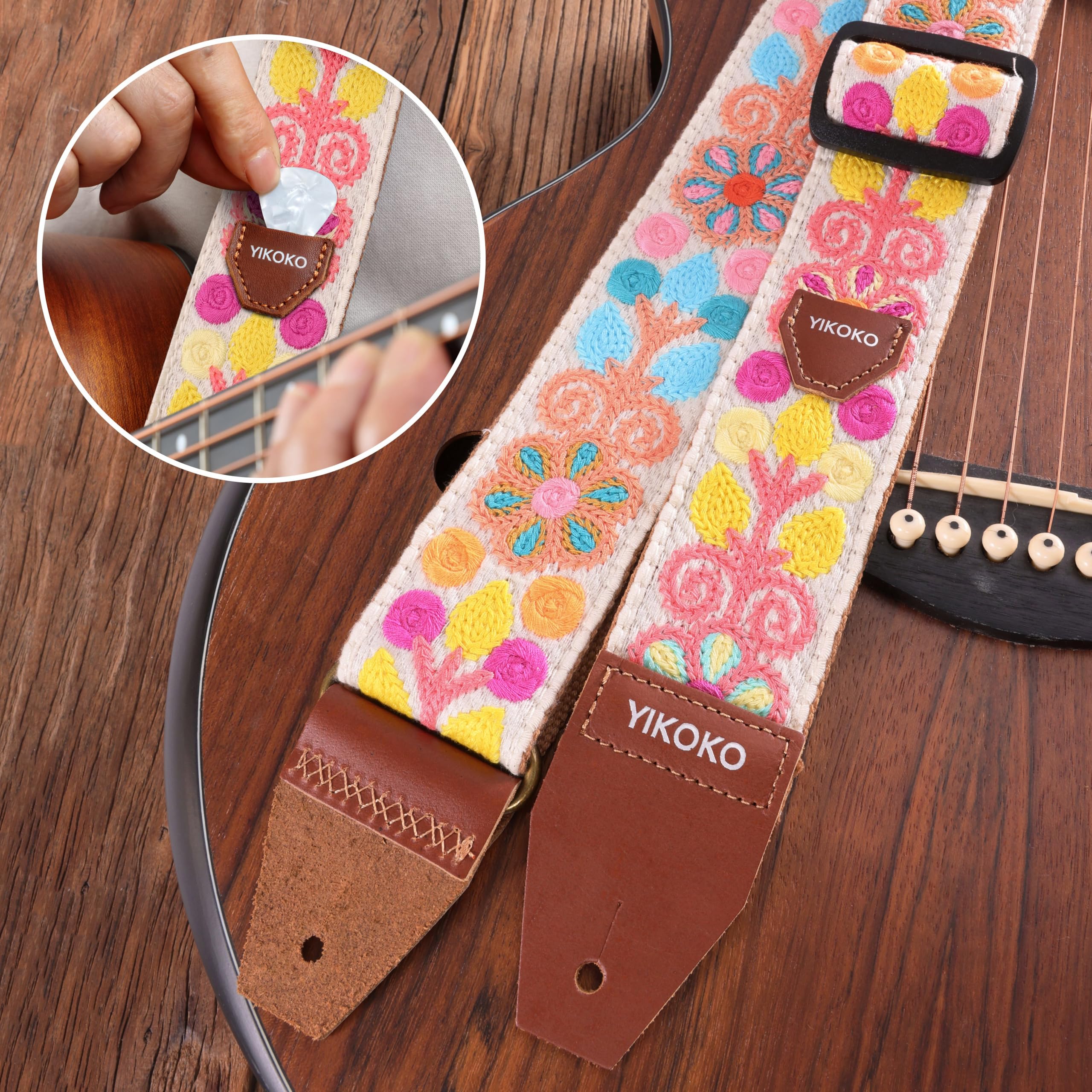 YIKOKO Tracolla per chitarra da 5,1 cm, in cotone, con estremità in pelle pieno fiore, per basso, chitarra elettrica e acustica