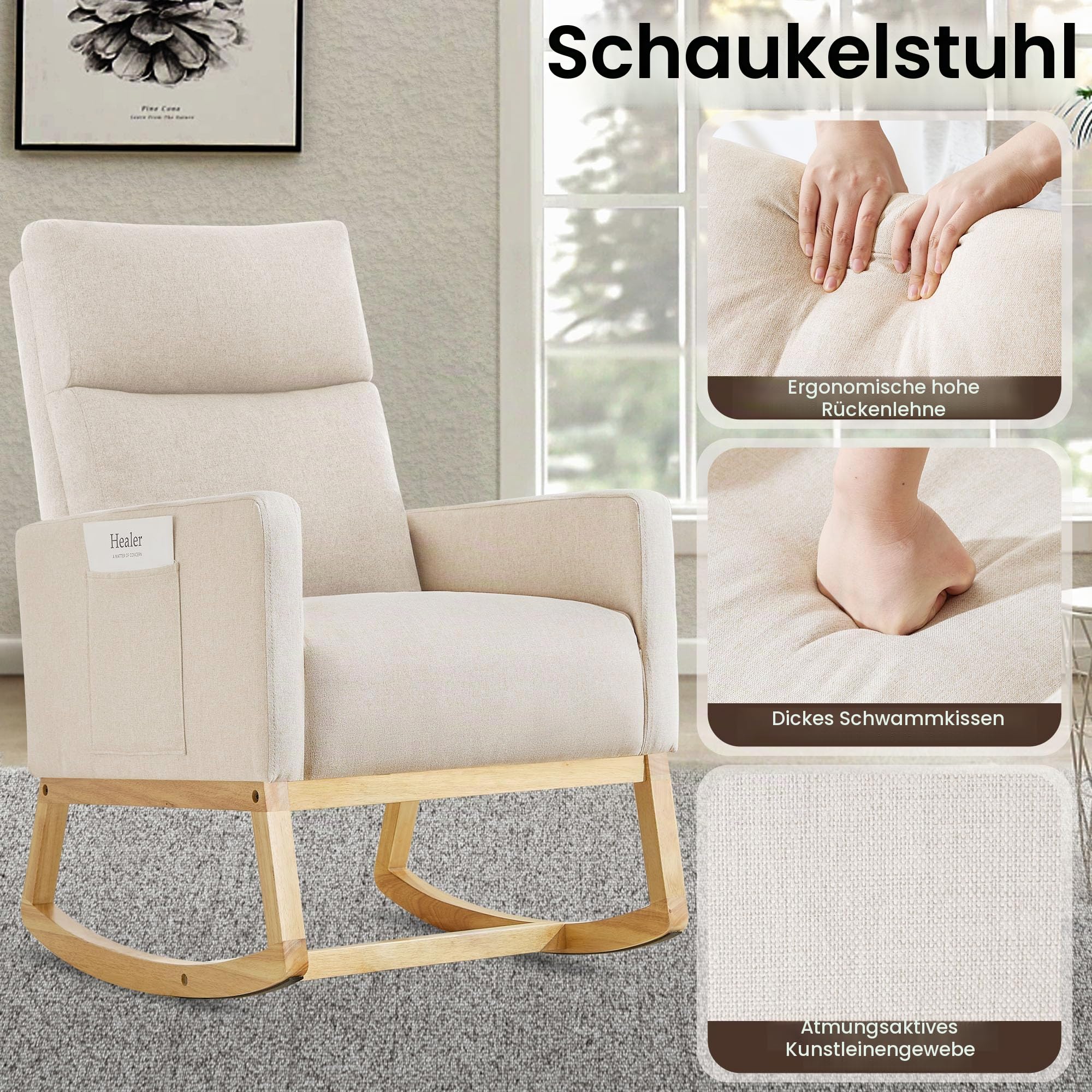 Schaukelstuhl Stillsessel Schaukelsessel, Gepolsterter Stillstuhl mit Holzbeinen & Seitentaschen, Hochlehner Stillen Sessel für Wohnzimmer, Schlafzimmer, Babyzimmer