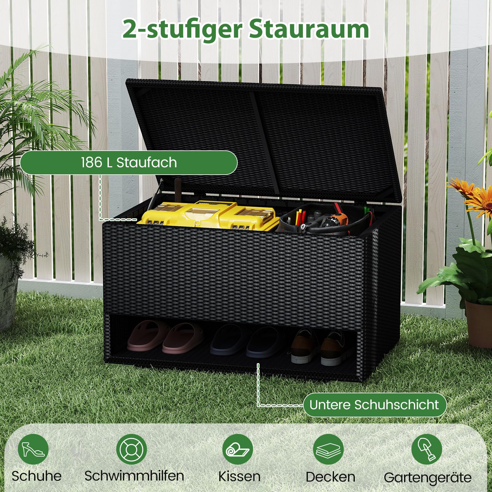 thumbnail: COSTWAY Tuinbox 96 Liter - Waterdichte Opbergbox Met Rotanlook En Afsluitbaar Deksel, Zwart