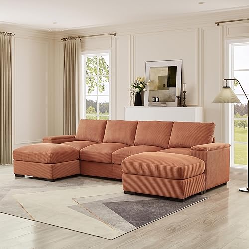 122" Oversized Modular Sectional Sofa Cloud Couch with 2 Ottomans, Comfy Corduroy Upholstered Deep Seat Large U Shaped Lounge Sofa&Couches with Hidden Arm Storage Box
