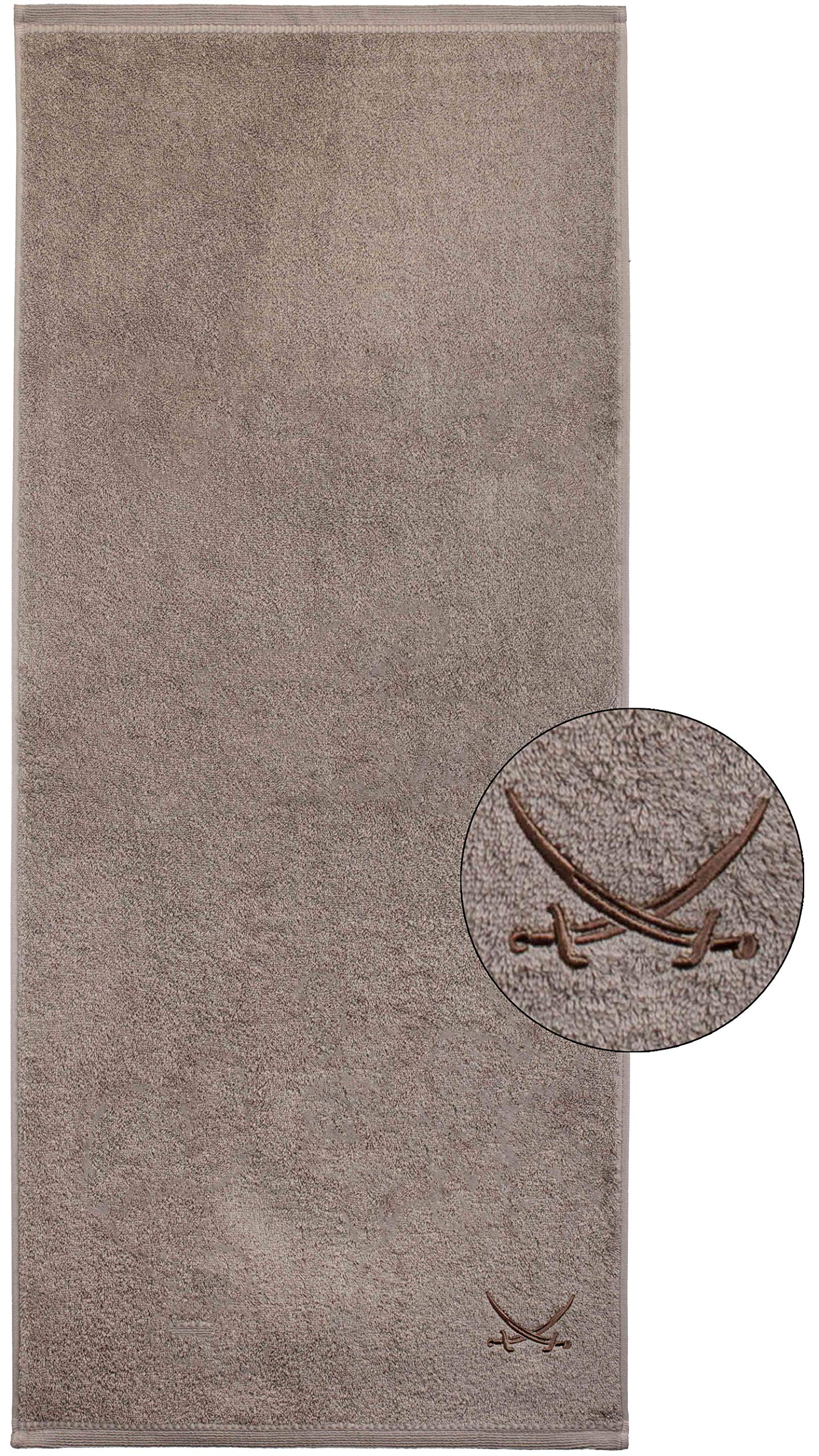 Sansibar 2er Set Badetuch 90x180 cm – saugstarkes Strandtuch/Saunatuch aus Baumwolle – Oeko-TEX zertifizierter Frottee – Sylt-Design mit gesticktem Säbel-Logo – Taupe