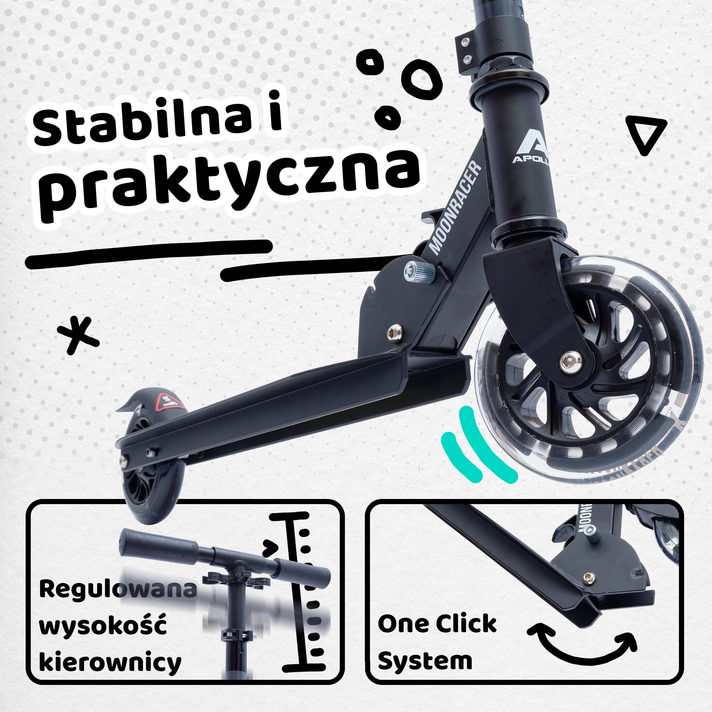 Apollo Hulajnoga dla Dzieci LED Moonracer, Składana Hulajnoga Dziecięca, Hulajnoga dla Dziewczynki i Chłopca, Hulajnoga dla 4 Latka, Hulajnoga Led Świecące Koła, Składana Hulajnoga
