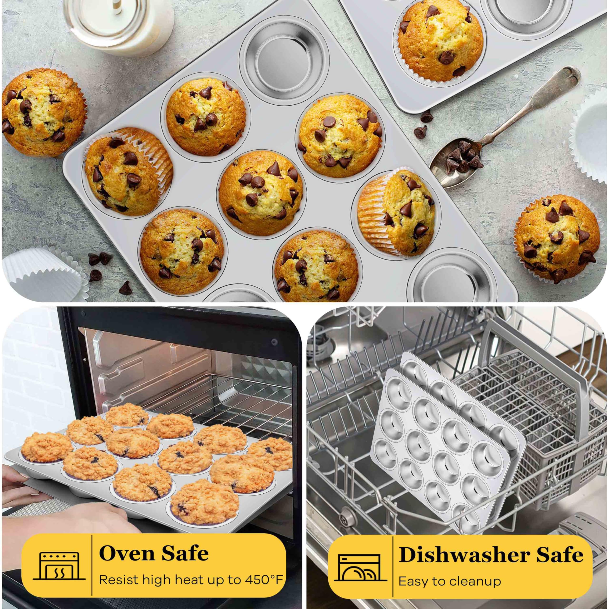 Homikit Lot de 2 moules à muffins en acier inoxydable avec 12 tasses de taille standard, plateau anti-adhésif en métal pour la cuisson, non toxique et antirouille, passe au four et au lave-vaisselle