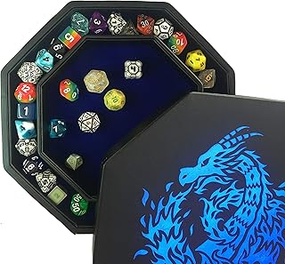 Fantasydice- Blue - Fire Dragon - Dice Tray - 8" Octagon with Lid and Dice Staging Area- Holds 5 Sets(7 Dice Set/Standard) for All Tabletop RPGs Like D&D, Call of Cthulhu, Shadowrun.