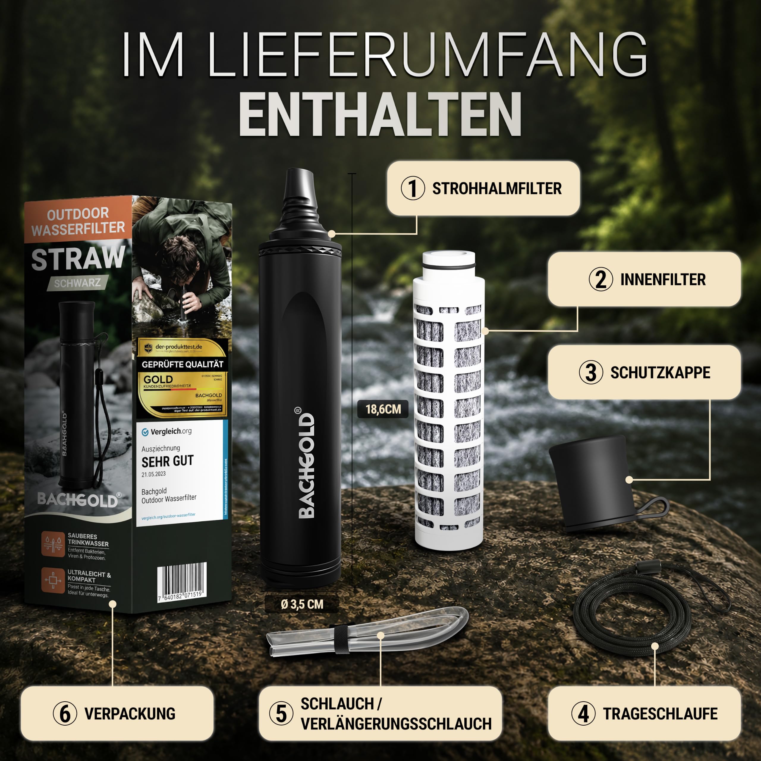 Bachgold Straw Wasserfilter Outdoor Survival – Entfernt 99,99% Viren, Bakterien & Protozoen – 2-Stufen Elektroadsorption mit 70 cm Schlauch – Ultraleicht, für Camping, Wandern & Notfall, Schwarz