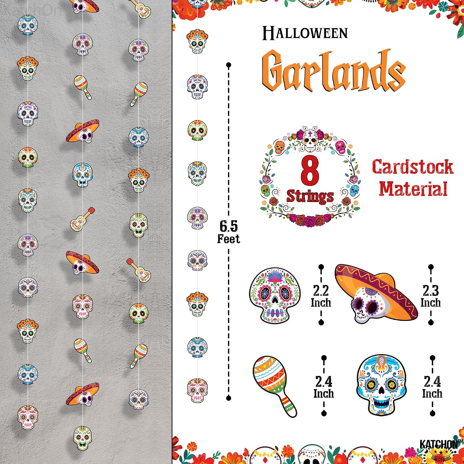 KatchOn, Day of The Dead Garland - 6.5 Ft, 8-String Skull Decorations | Dia De Los Muertos Decorations | Halloween Decor | Halloween Hanging Garland for Day of The Dead Decorations