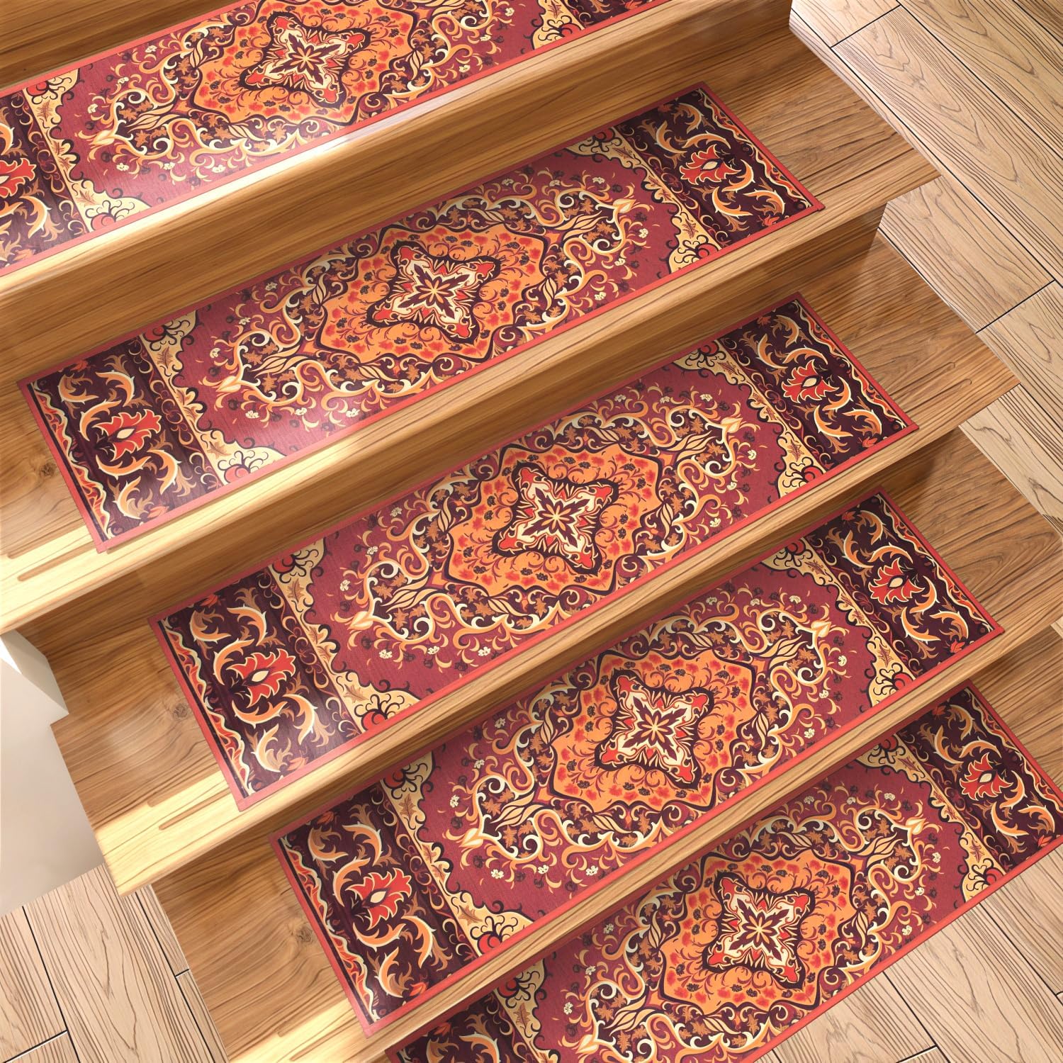 GIB Stair Treads for Wooden Steps Non Slip Washable Carpet Stair Treads 8" X 30", Self Adhesive Indoor Stair Runners for Kids Elders and Dogs, Vintage Oriental Persian Medallion, Burgundy, 15 Pack