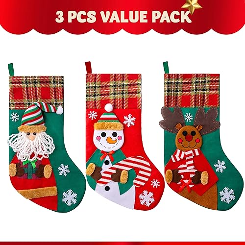 Miniatura 2 de JOYIN Juego de 3 medias de Navidad de 18 pulgadas, medias grandes con muñeco de nieve de Papá Noel y renos, medias de Navidad a granel para la